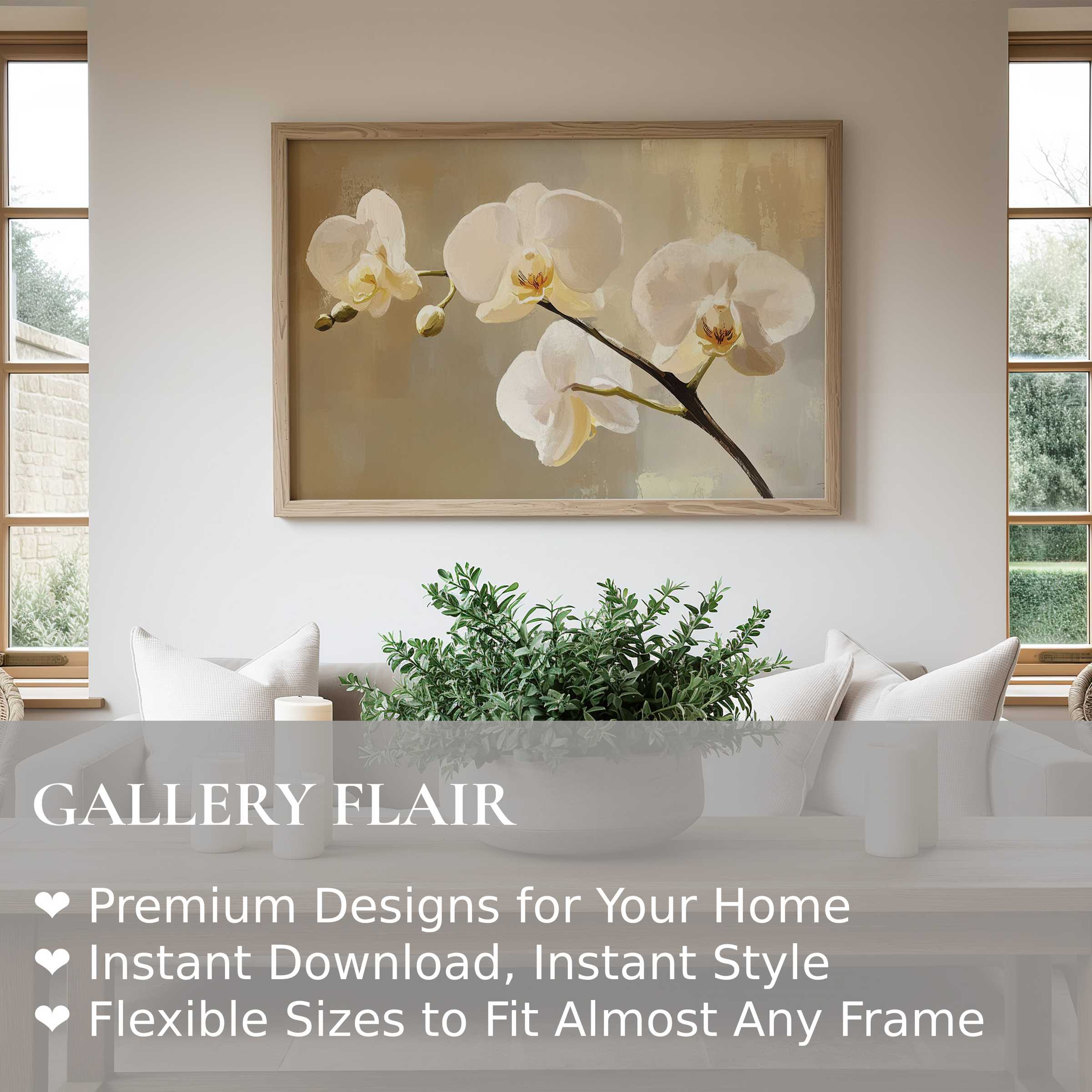 Botanical wall art print of elegant white orchids in soft beige tones, enhancing minimalist, calming living spaces with refined modern charm
