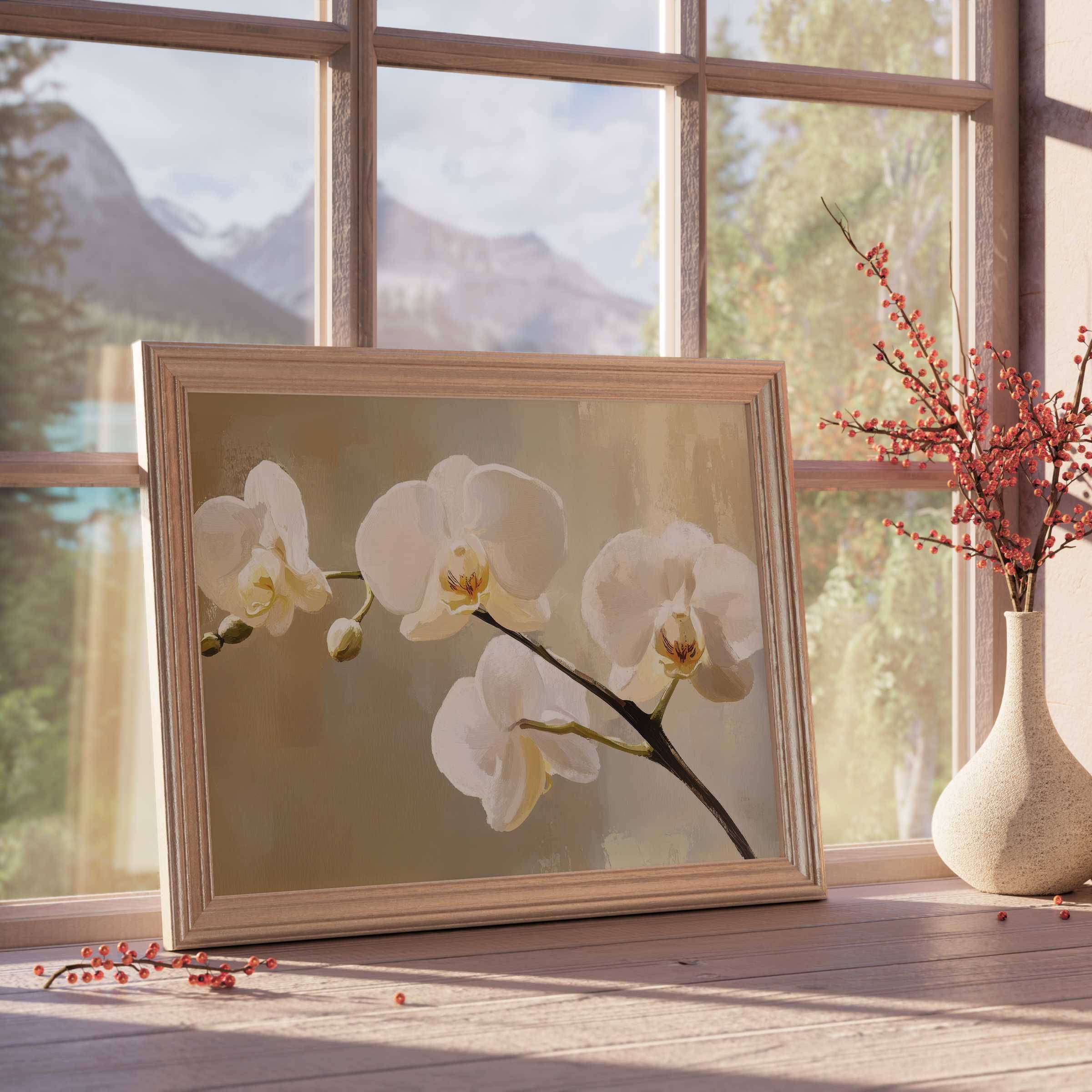 Botanical downloadable art featuring elegant white orchids, infusing curated interiors with calm sophistication and soft natural light