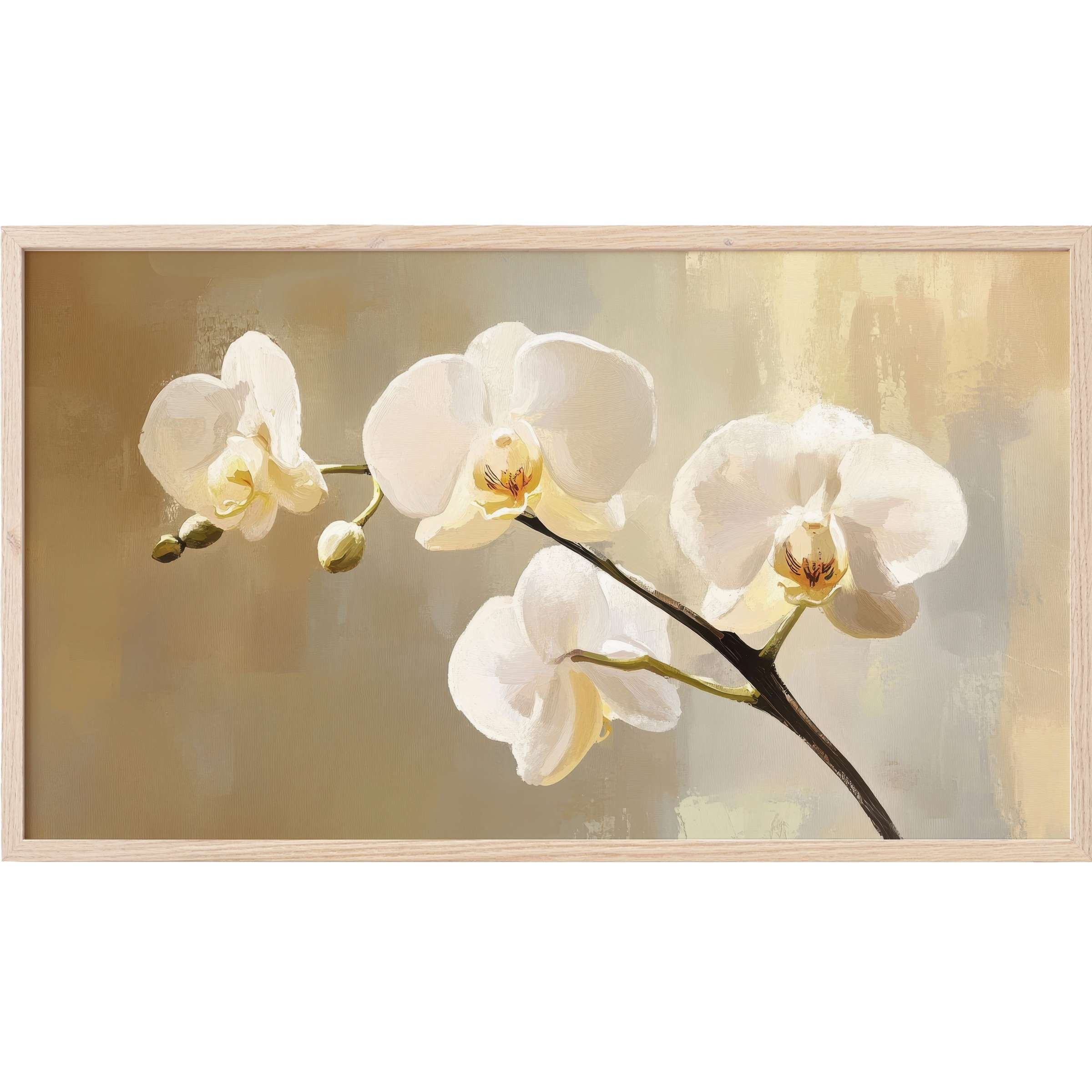 Elegant white orchid blooms against a muted beige background in this botanical Frame TV Art