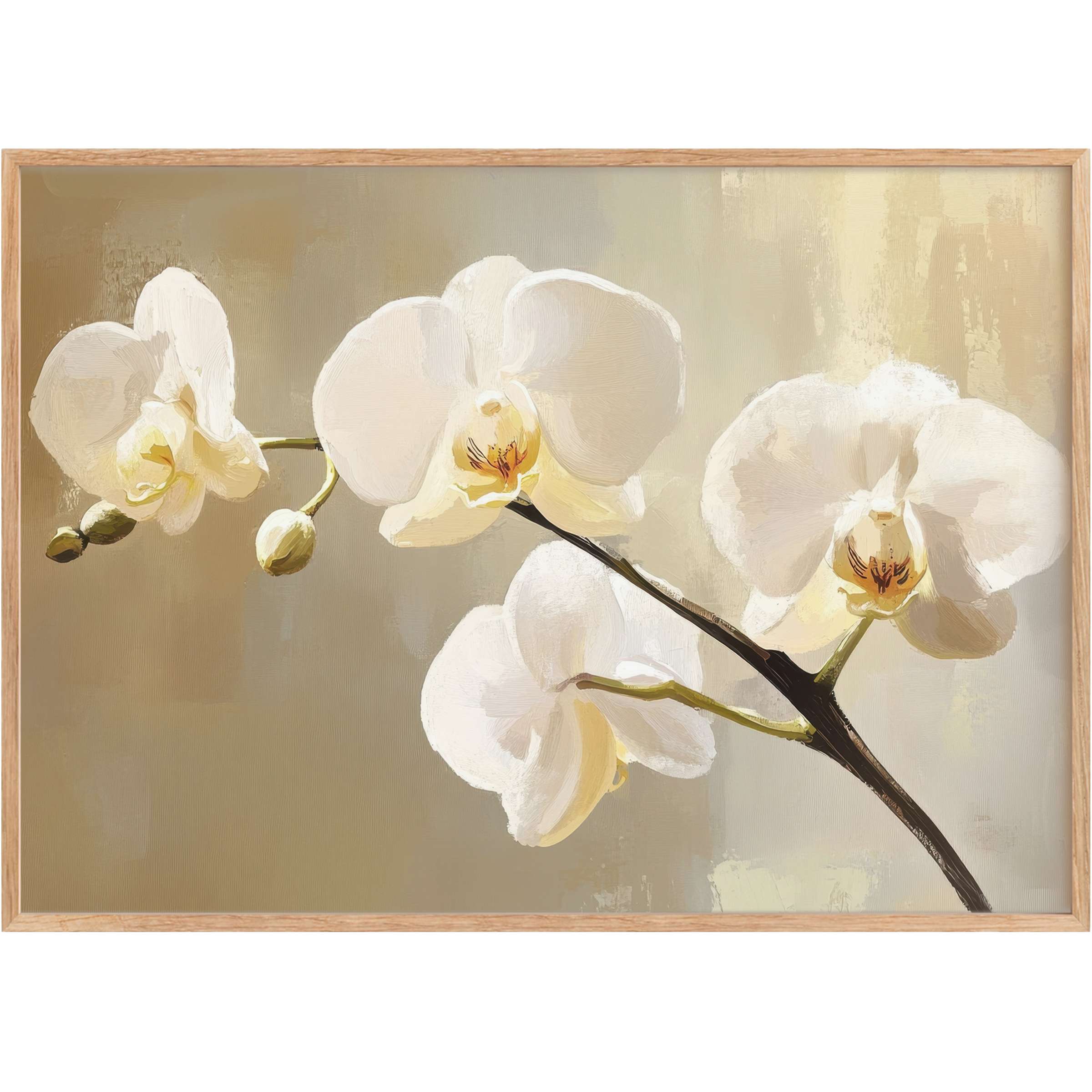 Botanical printable wall art with elegant white orchids on a soft beige backdrop, evoking serene, refined tranquility