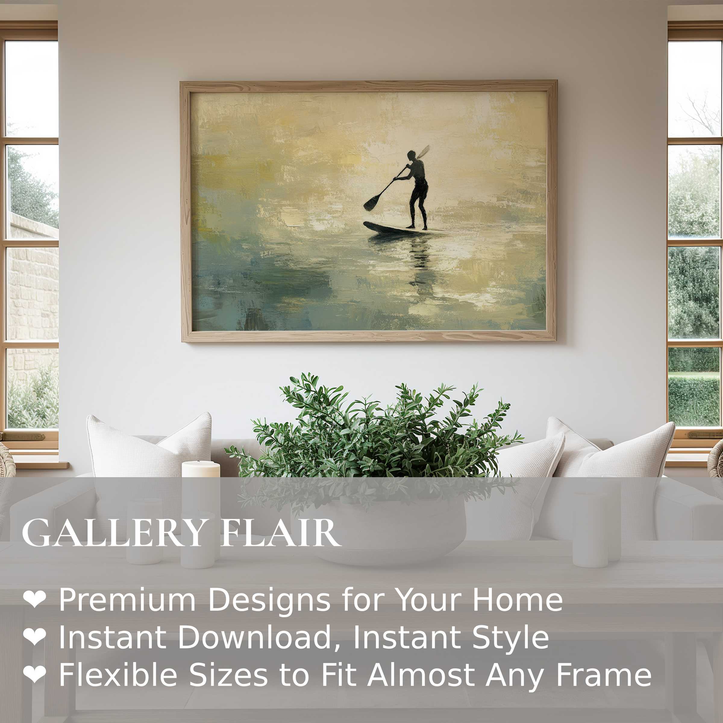 Serene beach wall art print of a lone paddleboarder in soft, calming hues elevates this modern coastal-inspired living room