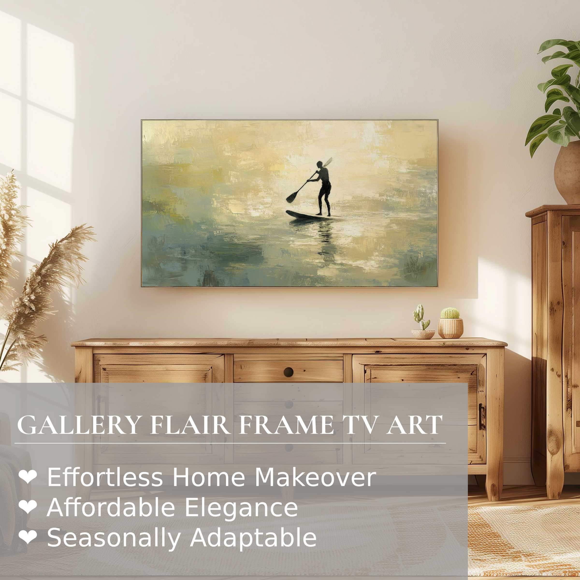Samsung Frame TV displays serene beach digital artwork in muted tones, perfect for elegant, modern home decor