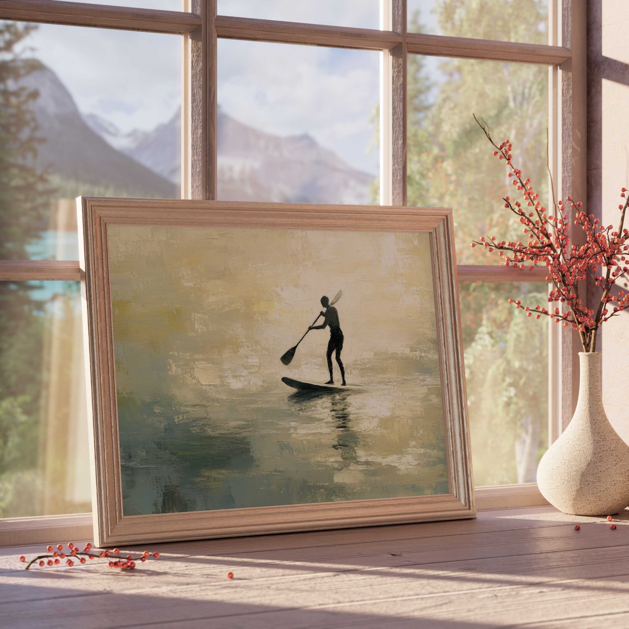 Serene beach downloadable art capturing a lone paddleboarder’s tranquil glide, perfect for curated, calm interiors with natural light