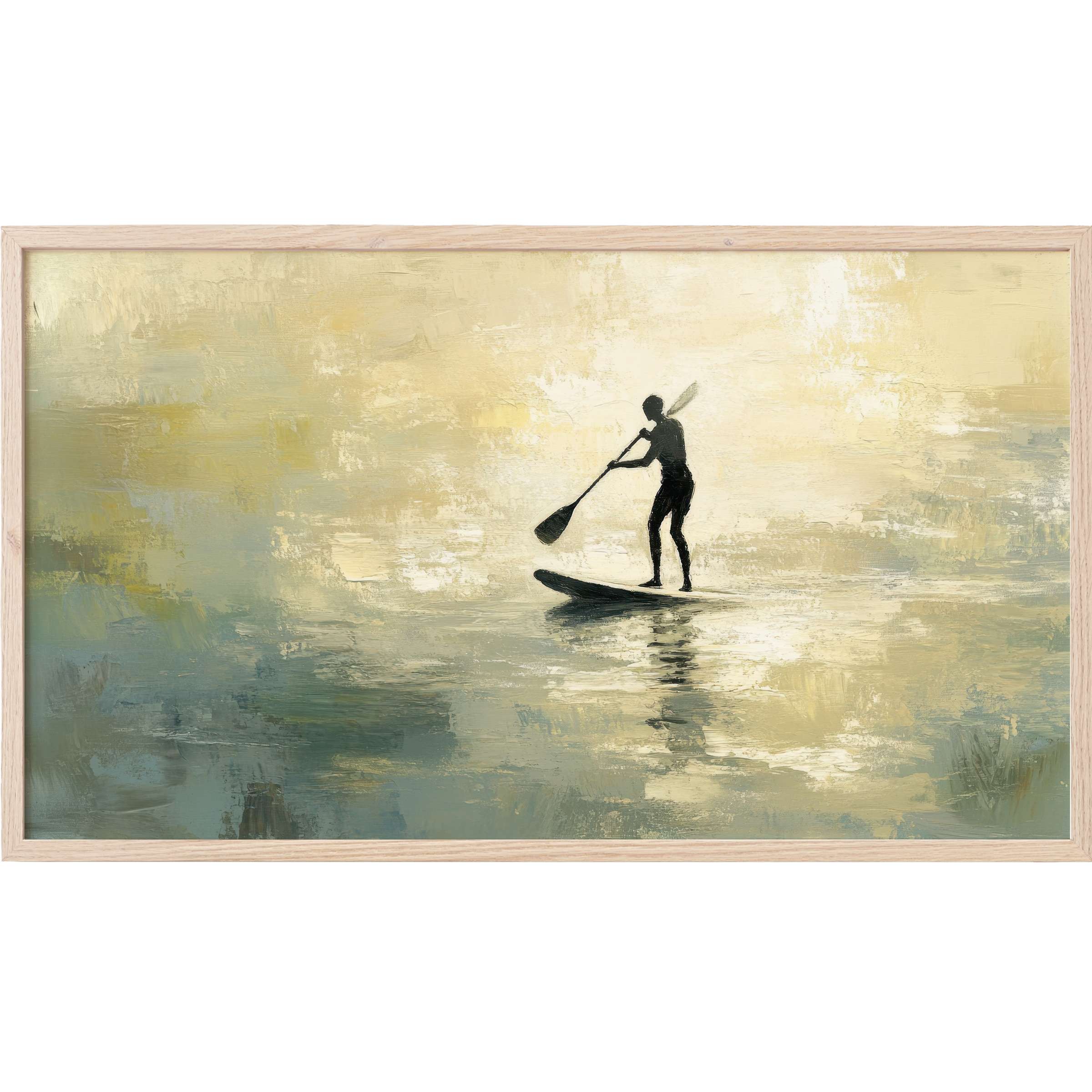 Serene paddleboard silhouette in muted gold and teal tones with textured brushstrokes, beach Frame TV Art