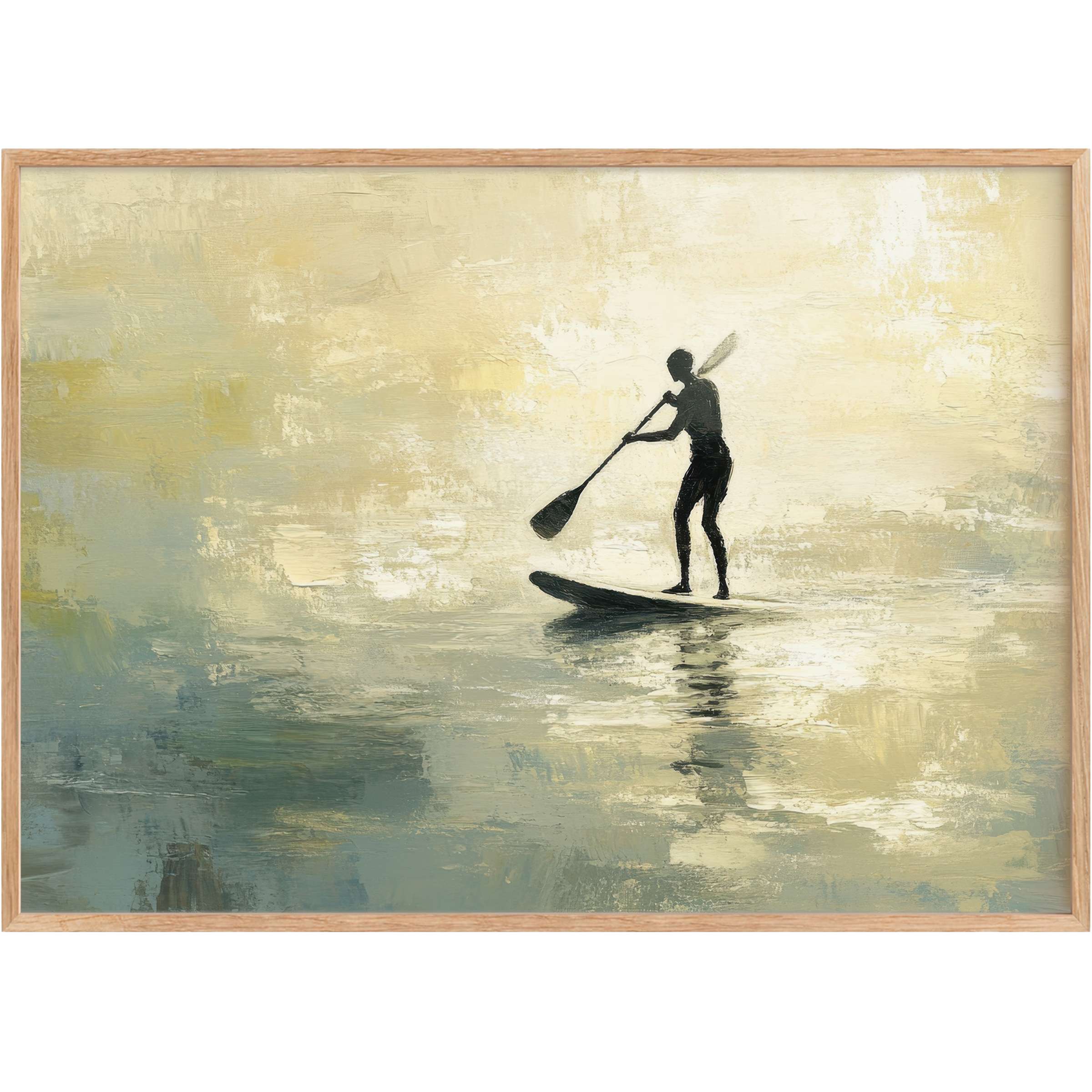 Elegant beach printable wall art featuring a serene paddleboard silhouette in soft gold and muted teal hues, evoking tranquil seaside calm