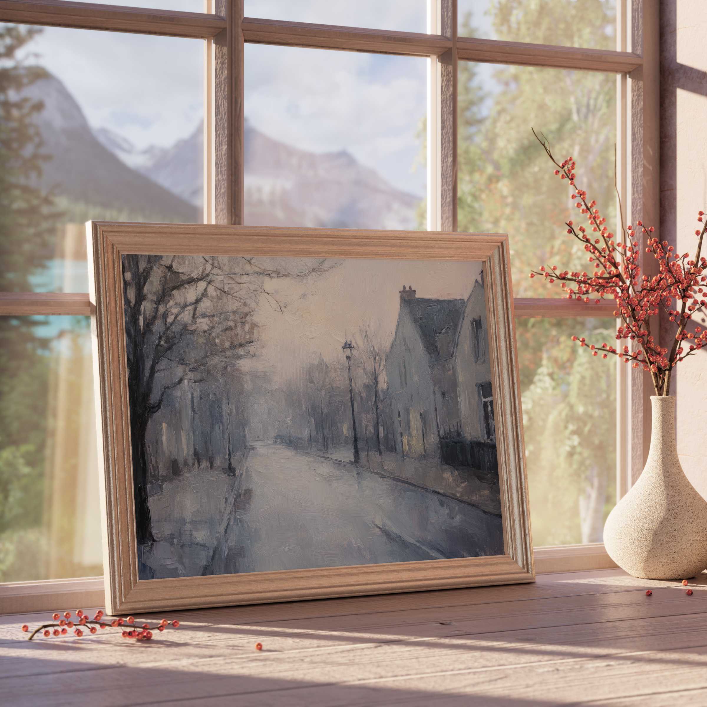 Urban downloadable art capturing a misty, serene street scene in muted tones, perfect for curated, tranquil interiors