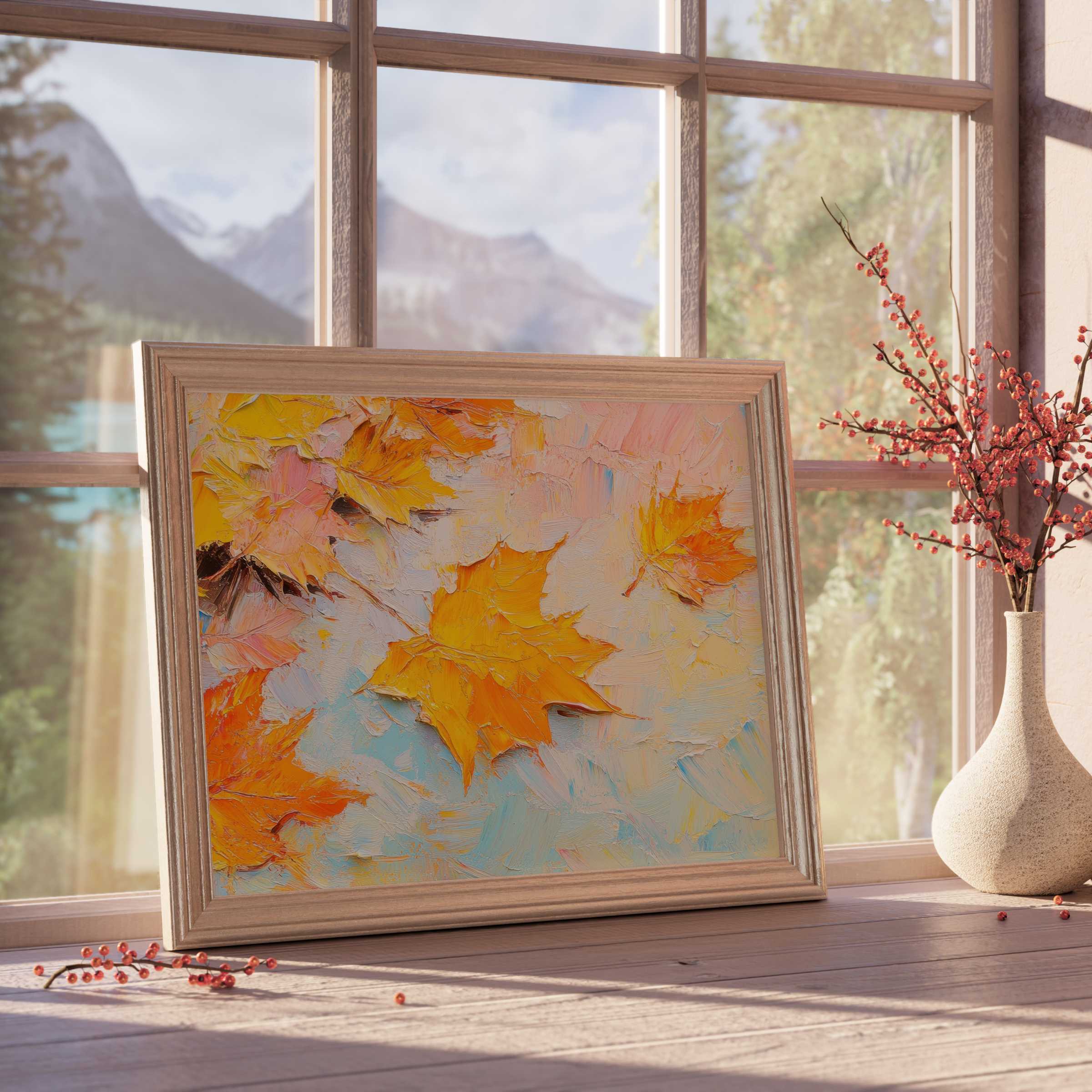 Elegant tree downloadable art featuring vibrant autumn leaves in warm tones, perfect for curated, tranquil, design-forward interiors