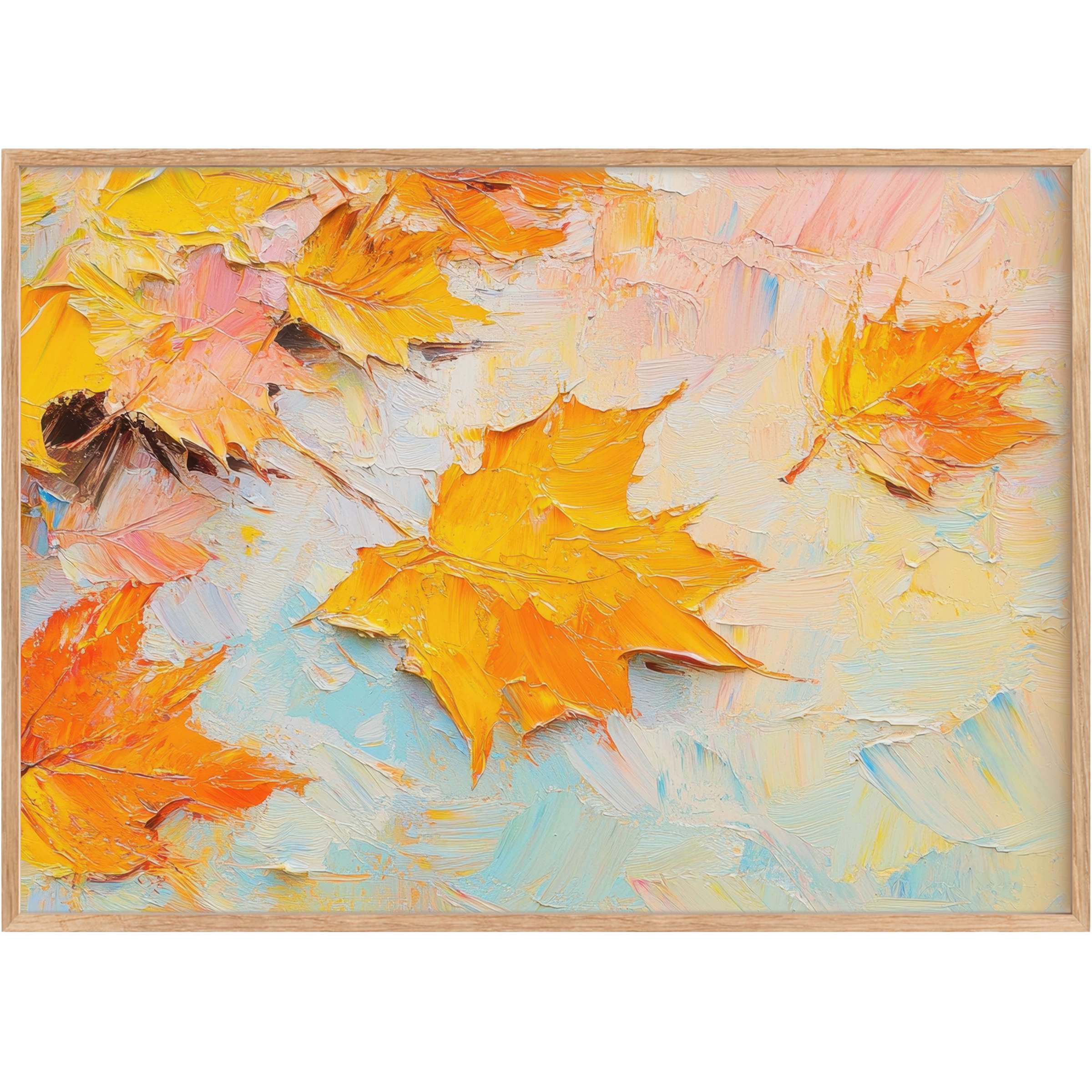 Vibrant tree printable wall art capturing radiant autumn leaves in golden yellows and soft blues, evoking warmth and serene elegance