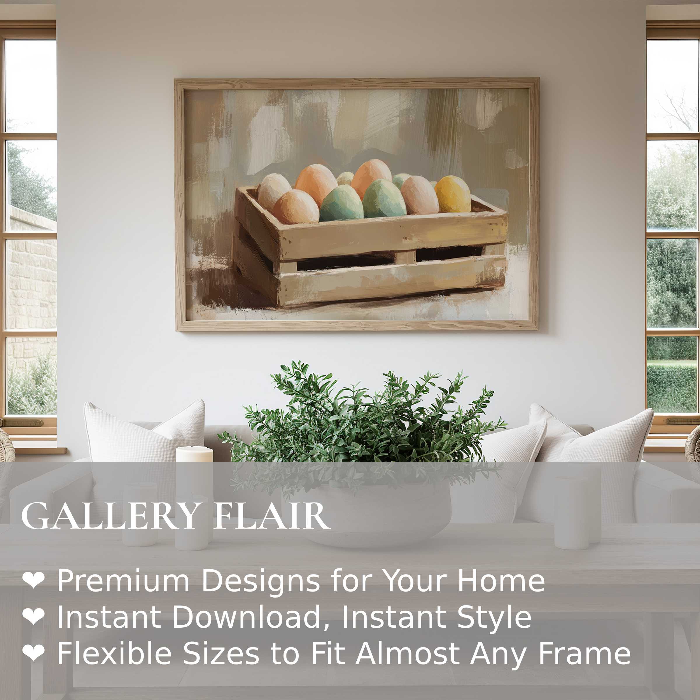 Easter wall art print featuring softly muted pastel eggs in rustic crate, adding serene charm to modern farmhouse interiors