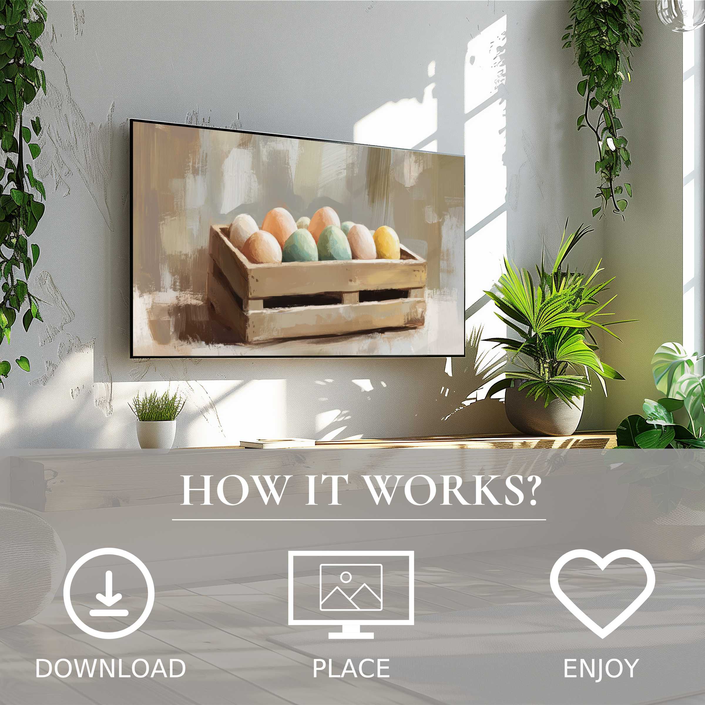 Modern living room with easter art for Samsung TV, soft pastel eggs; easy digital download enriches the space