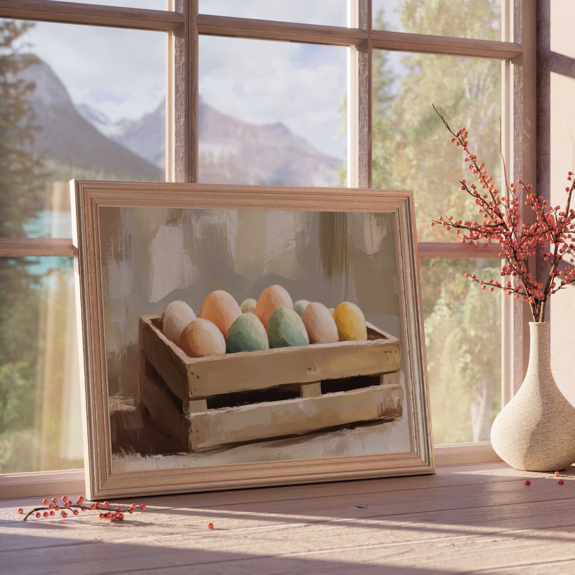 Easter downloadable art featuring softly muted eggs in a rustic crate, enhancing tranquil, curated interiors with warm, natural elegance