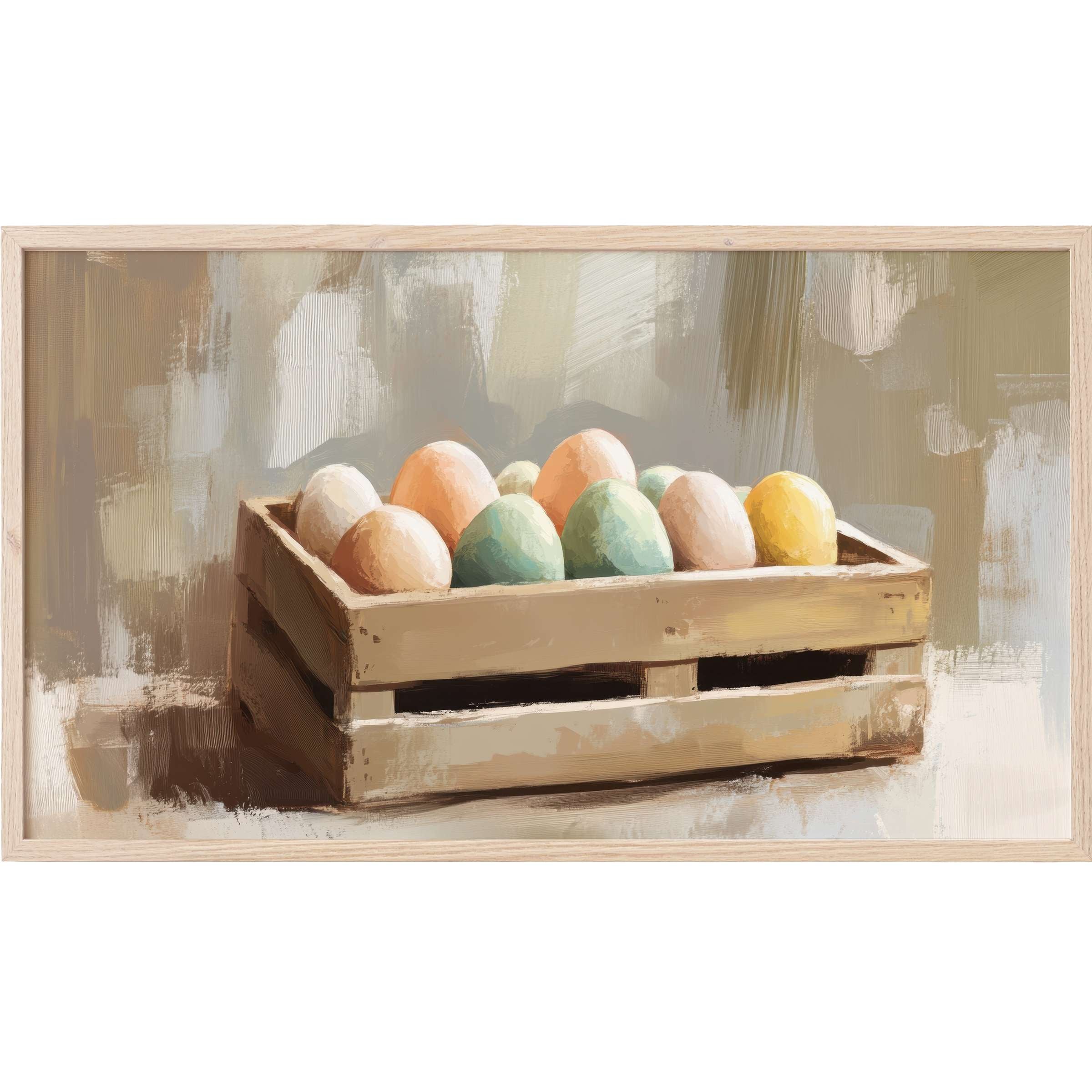 easter Frame TV Art with a soft, muted palette of pastel eggs in rustic wooden crate, painterly texture