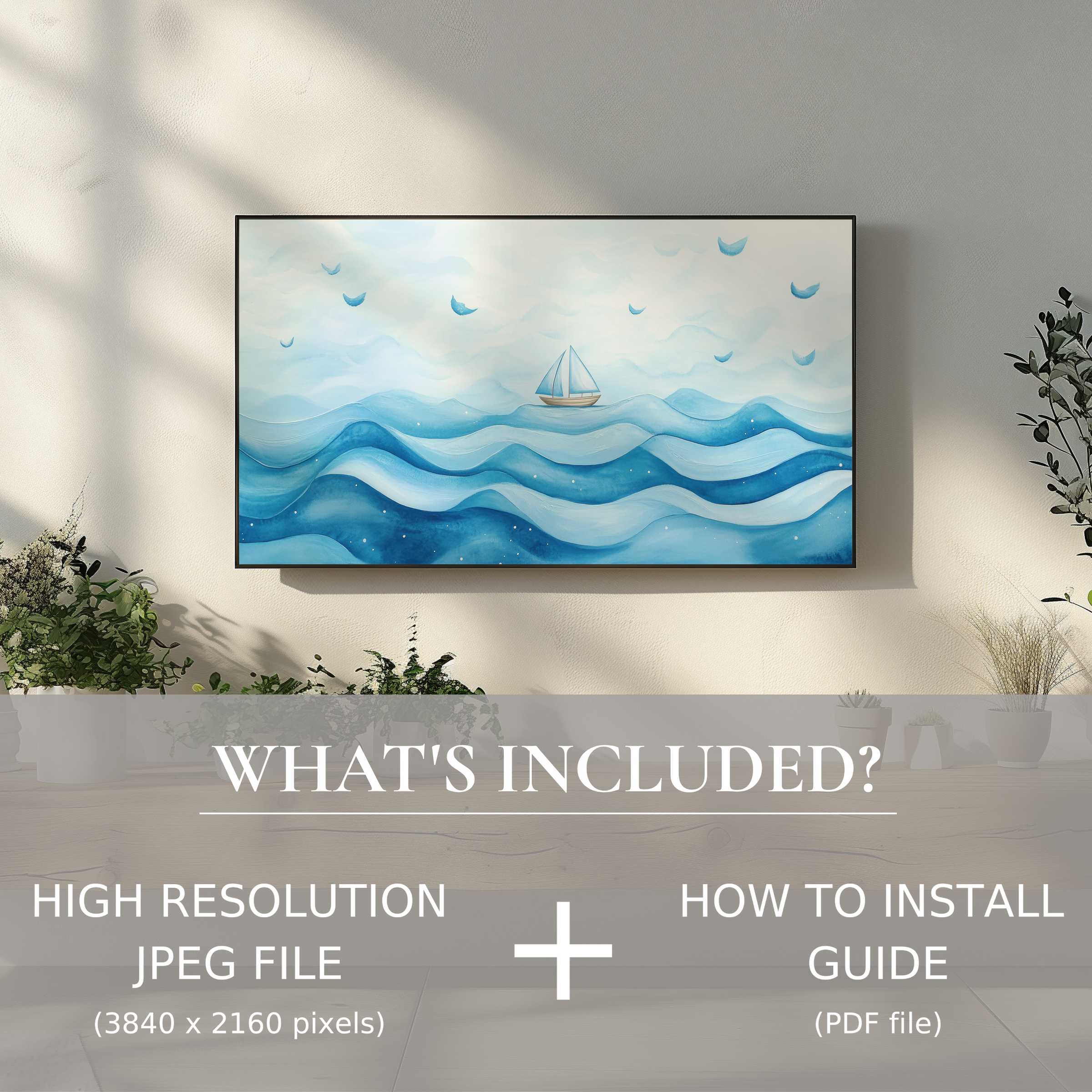 Modern nursery digital TV art download, easy to use, enhances serene living spaces with calming ocean waves