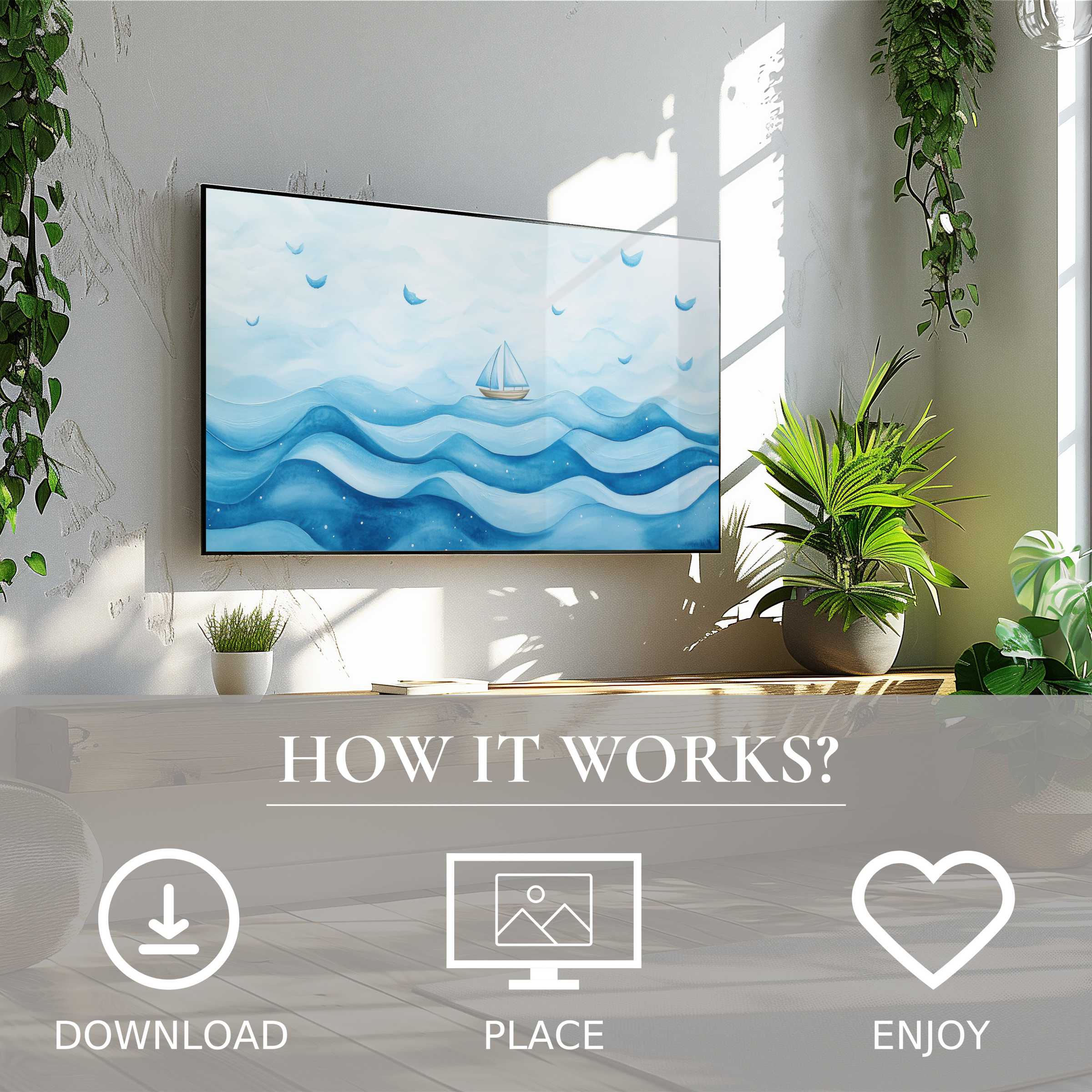 Nursery art for Samsung TV shows soft blue waves and a sailboat, easy digital download enriching calm living spaces