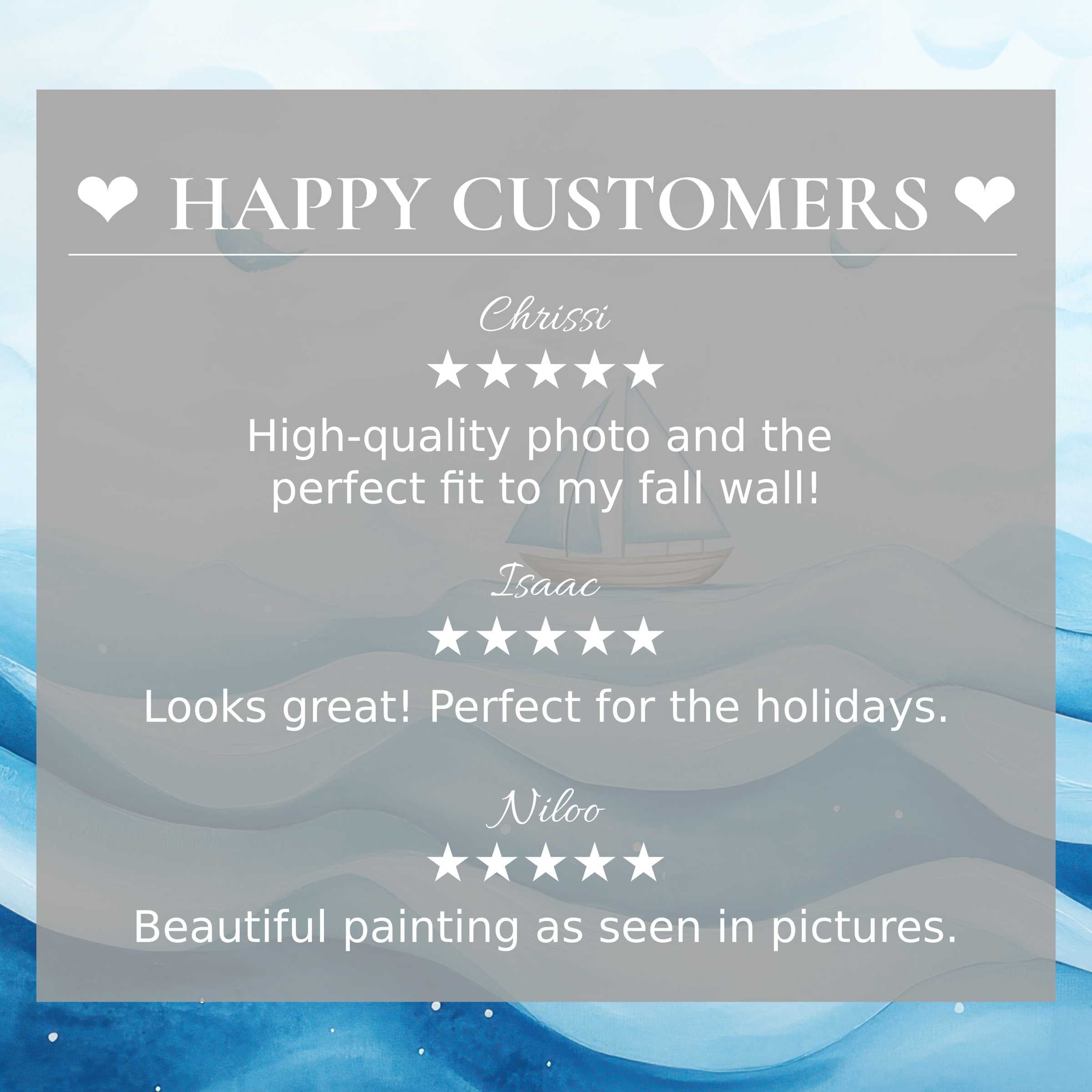 Elegant nursery art for Frame TV with abstract blue waves and sailboat; happy customer reviews build trust