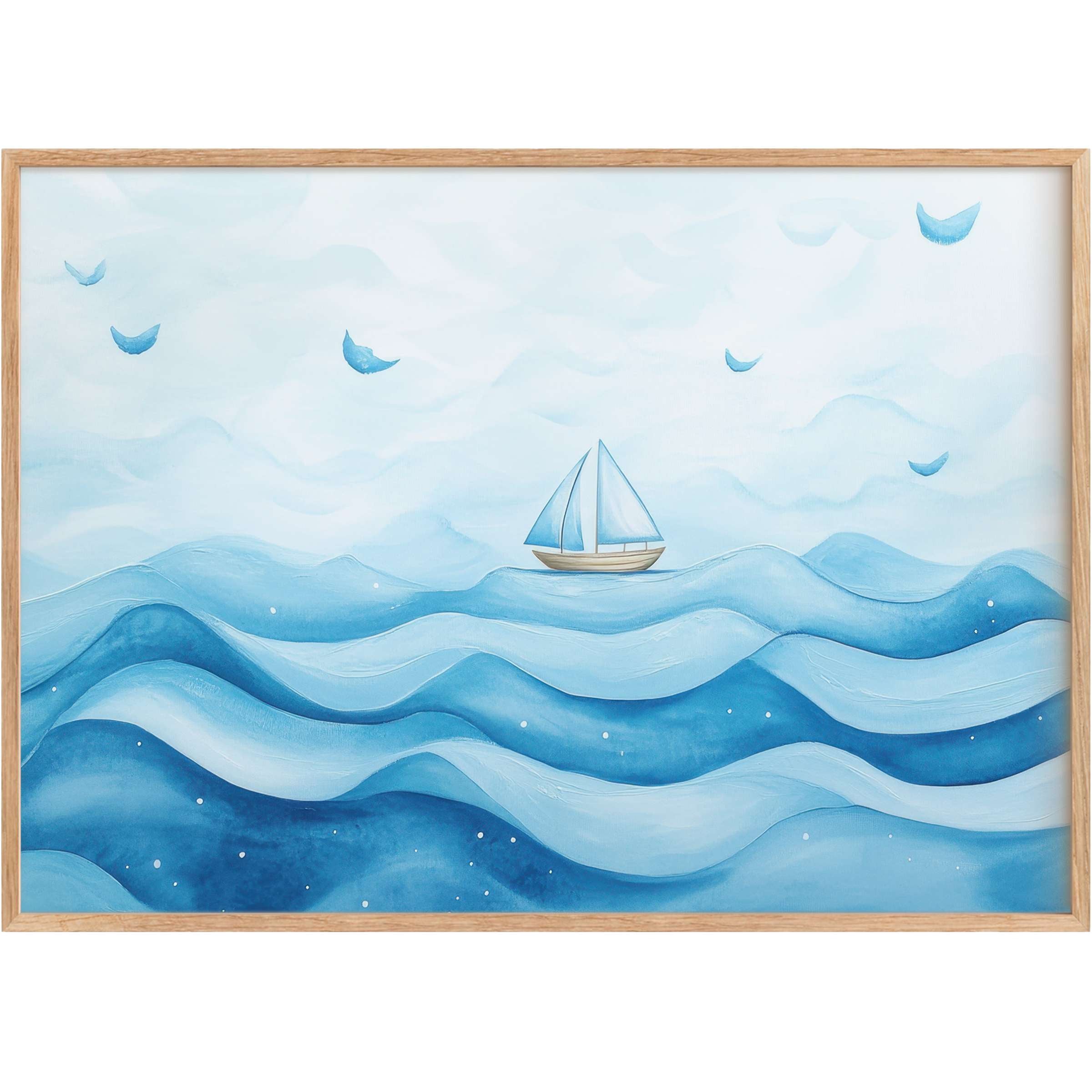 Serene nursery printable wall art with gentle blue waves and a sailboat, evoking calm and dreamy coastal tranquility