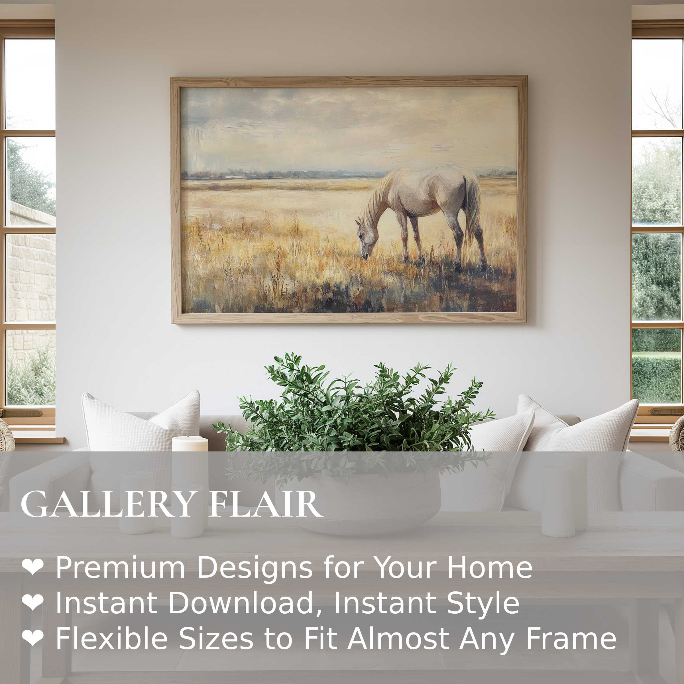 Farmhouse wall art print of a serene white horse grazing in golden fields, enhancing cozy modern rustic interiors with soft, calming allure