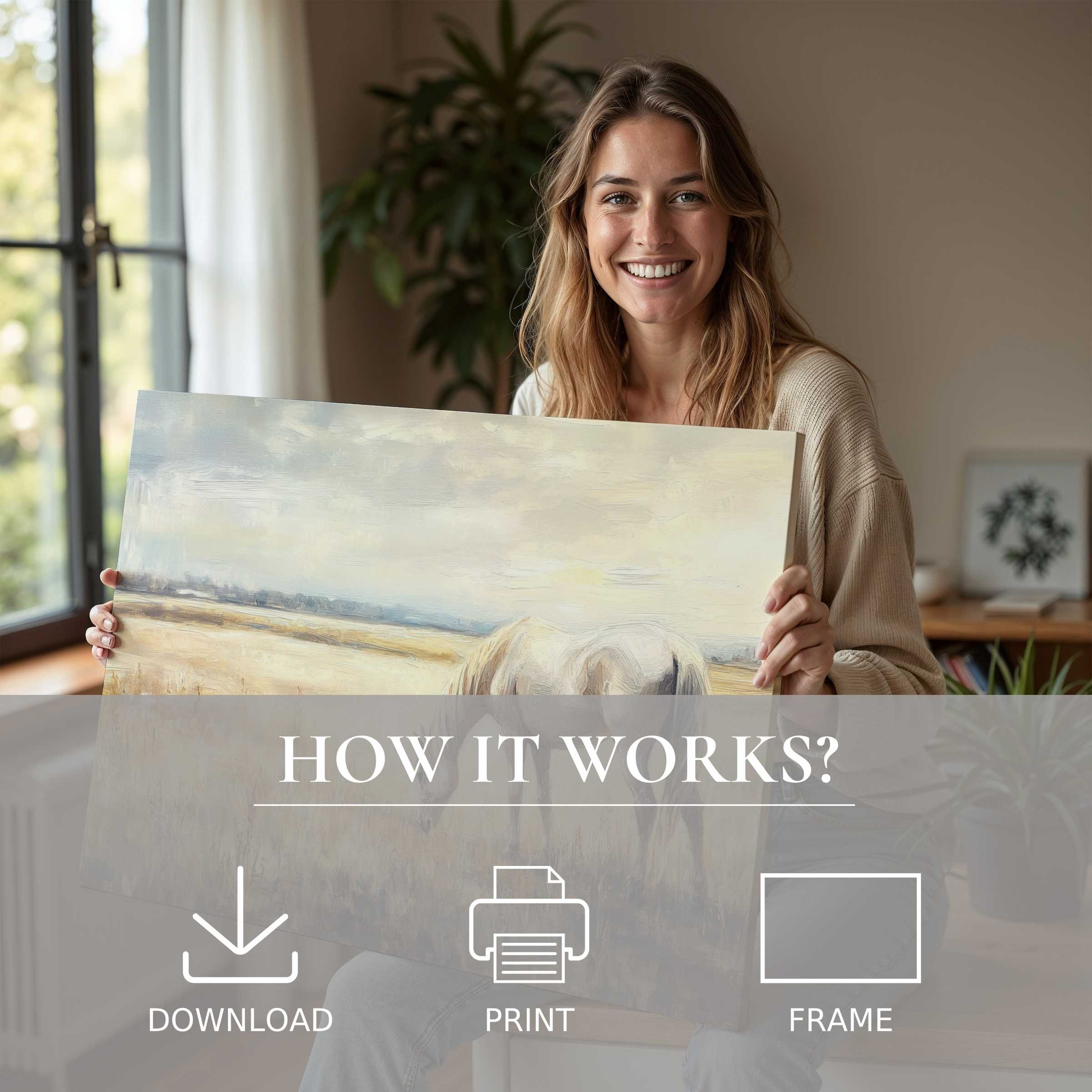 Radiant joy and calm merge as a woman reveals a farmhouse digital art print, embodying effortless style and warm modern living