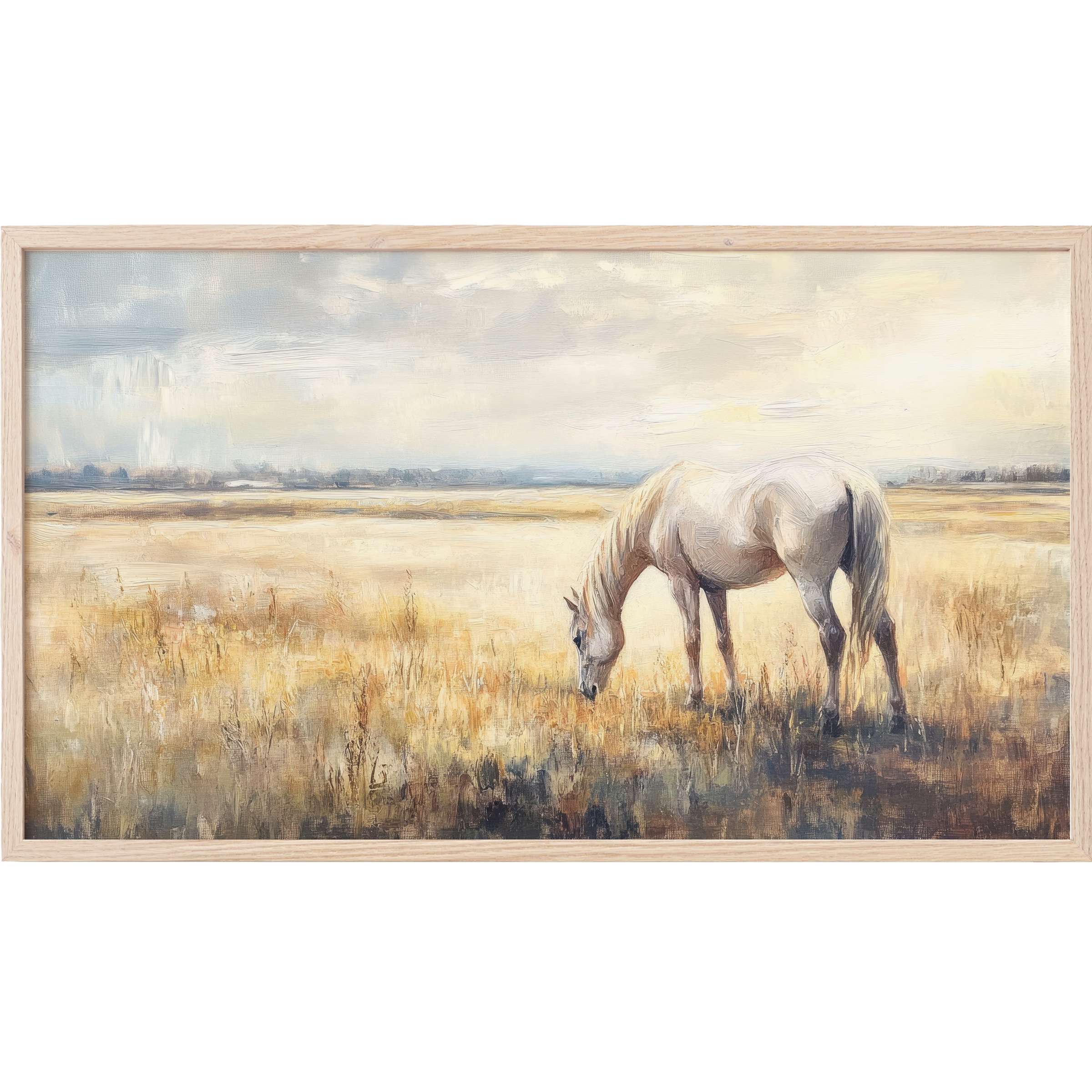 Farmhouse Frame TV Art showcasing a serene white horse grazing in soft, muted earth tones and sky blues