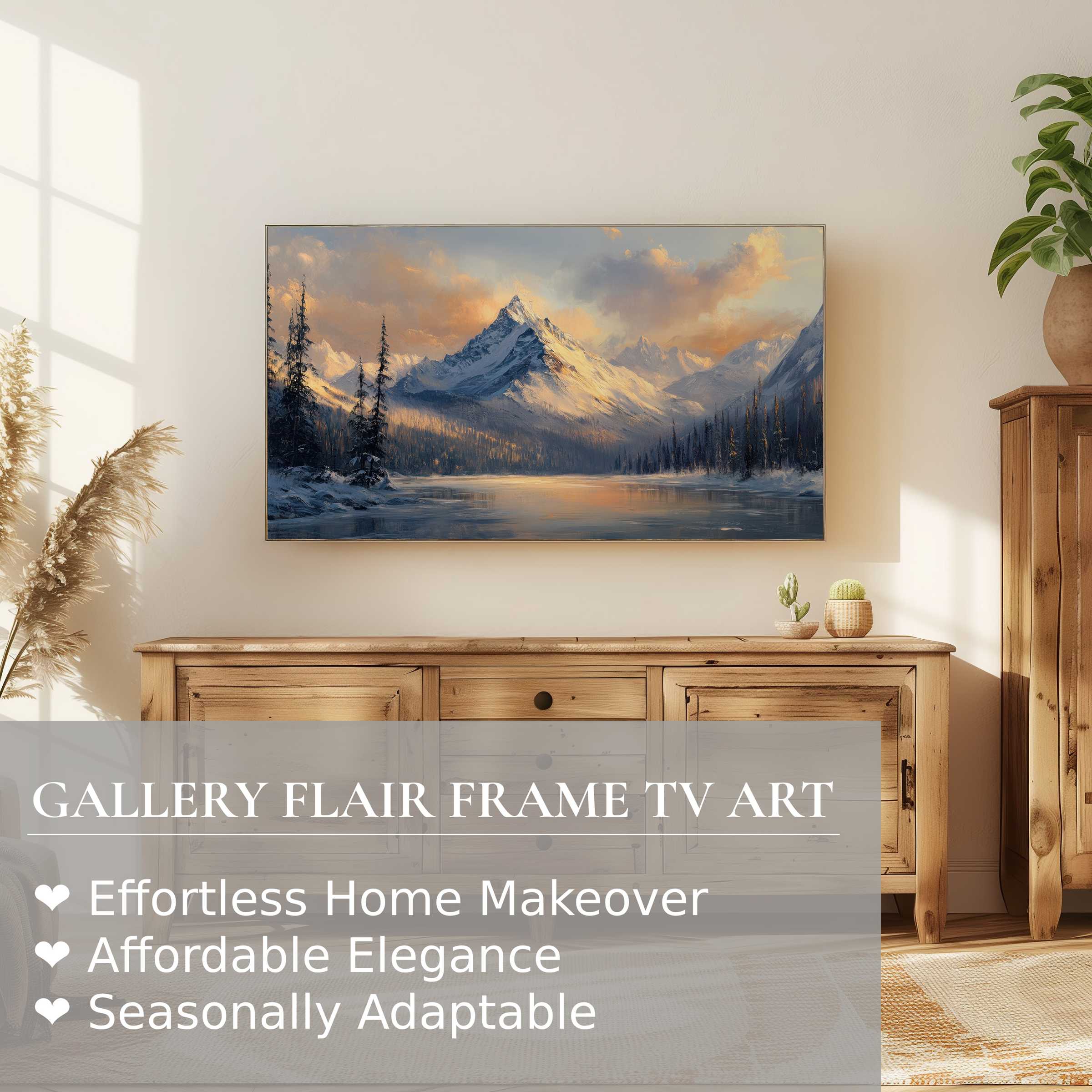 Samsung Frame TV displays vintage digital artwork of serene snow-capped mountains in a warm, elegant living space