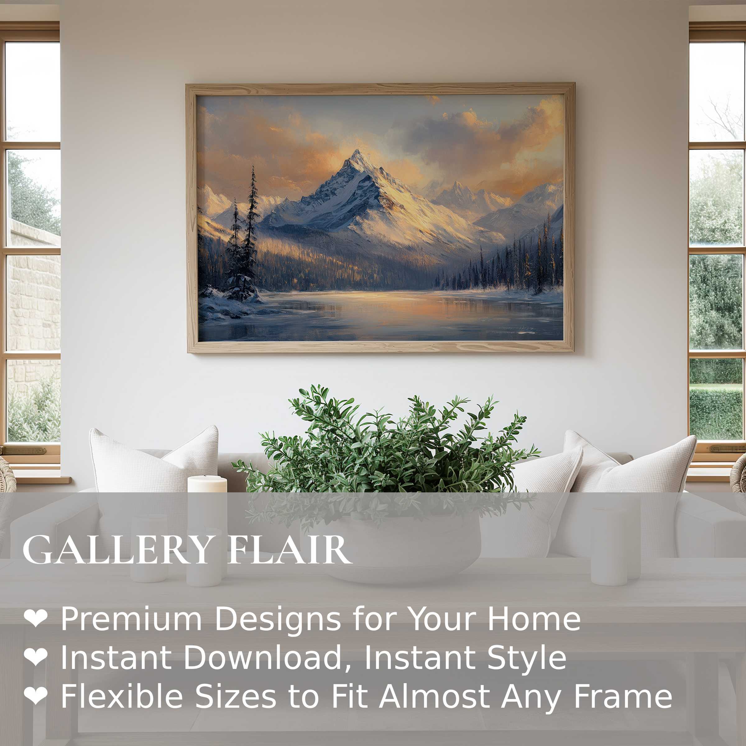 Vintage wall art print capturing a serene mountain sunrise, evoking calm in modern minimalist interiors with natural wood tones
