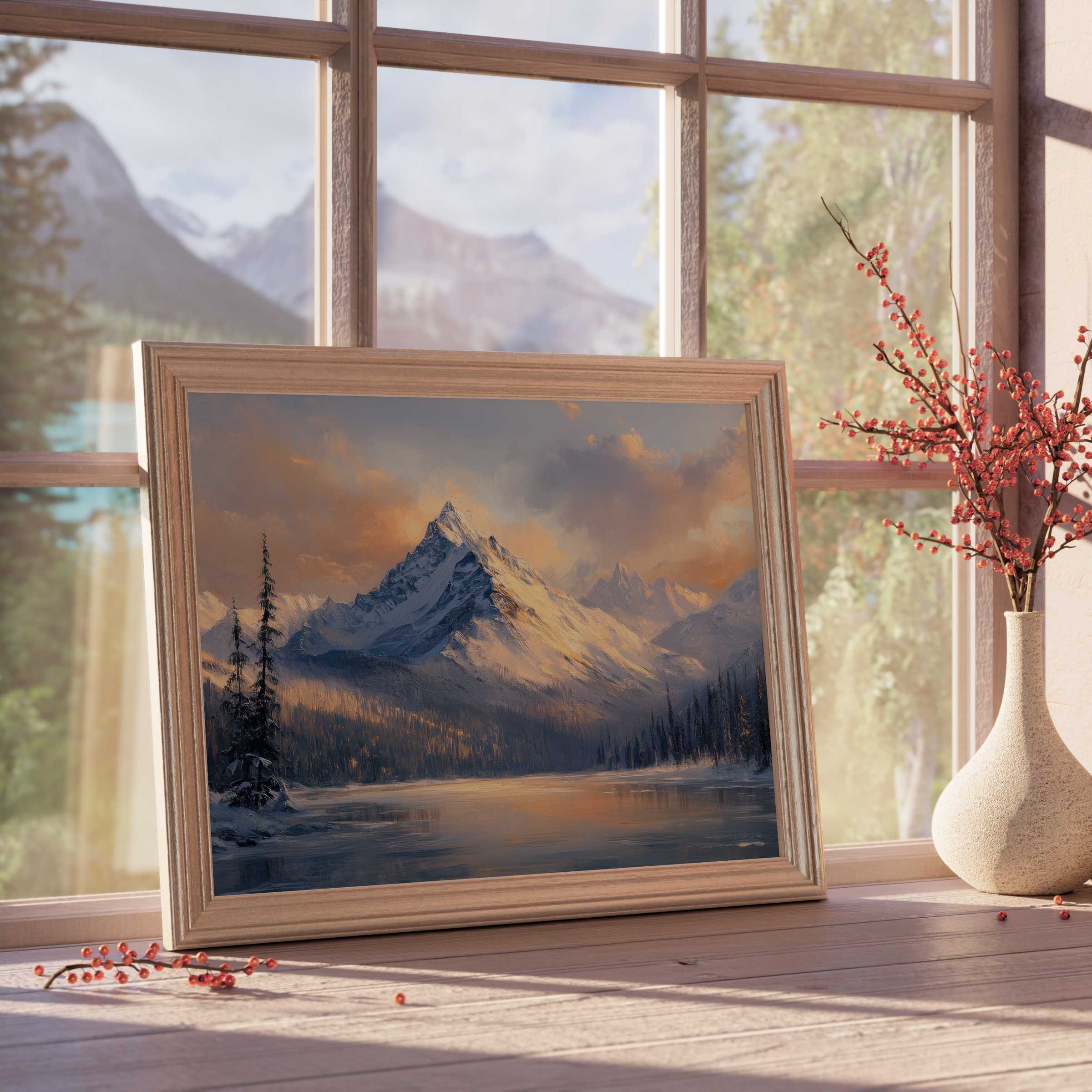 Vintage downloadable art of a serene mountain sunset, evoking calm and warmth in curated, design-forward interiors
