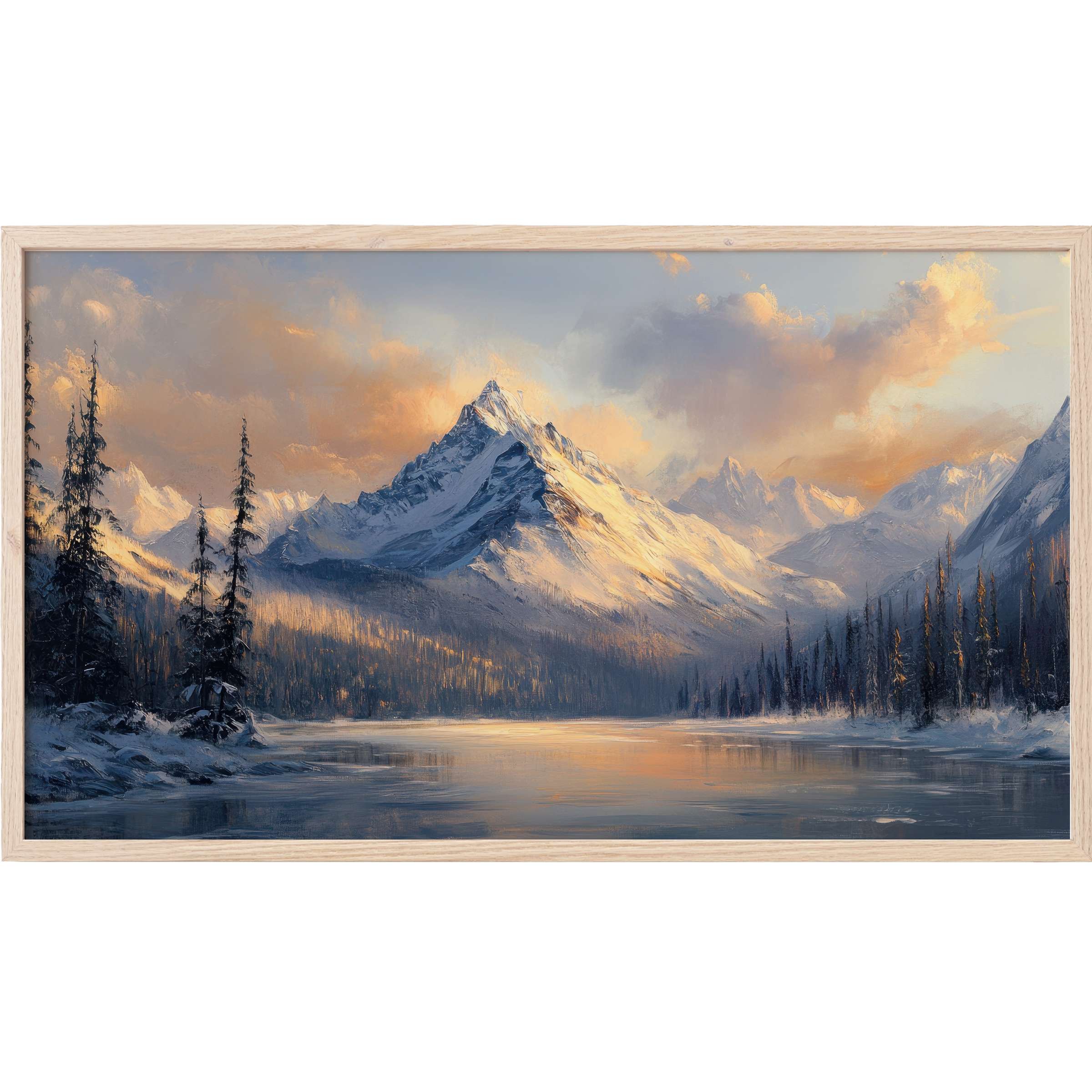 Vintage Frame TV Art featuring serene snowy mountains at sunset with soft blues, warm golds, and elegant brushwork