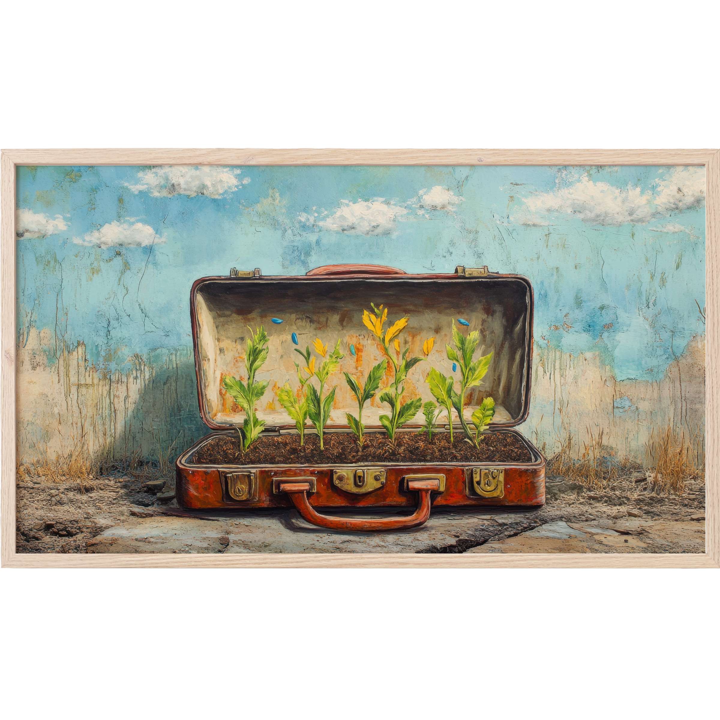 Rustic suitcase blooms with green and yellow plants against a weathered blue wall, street art Frame TV Art