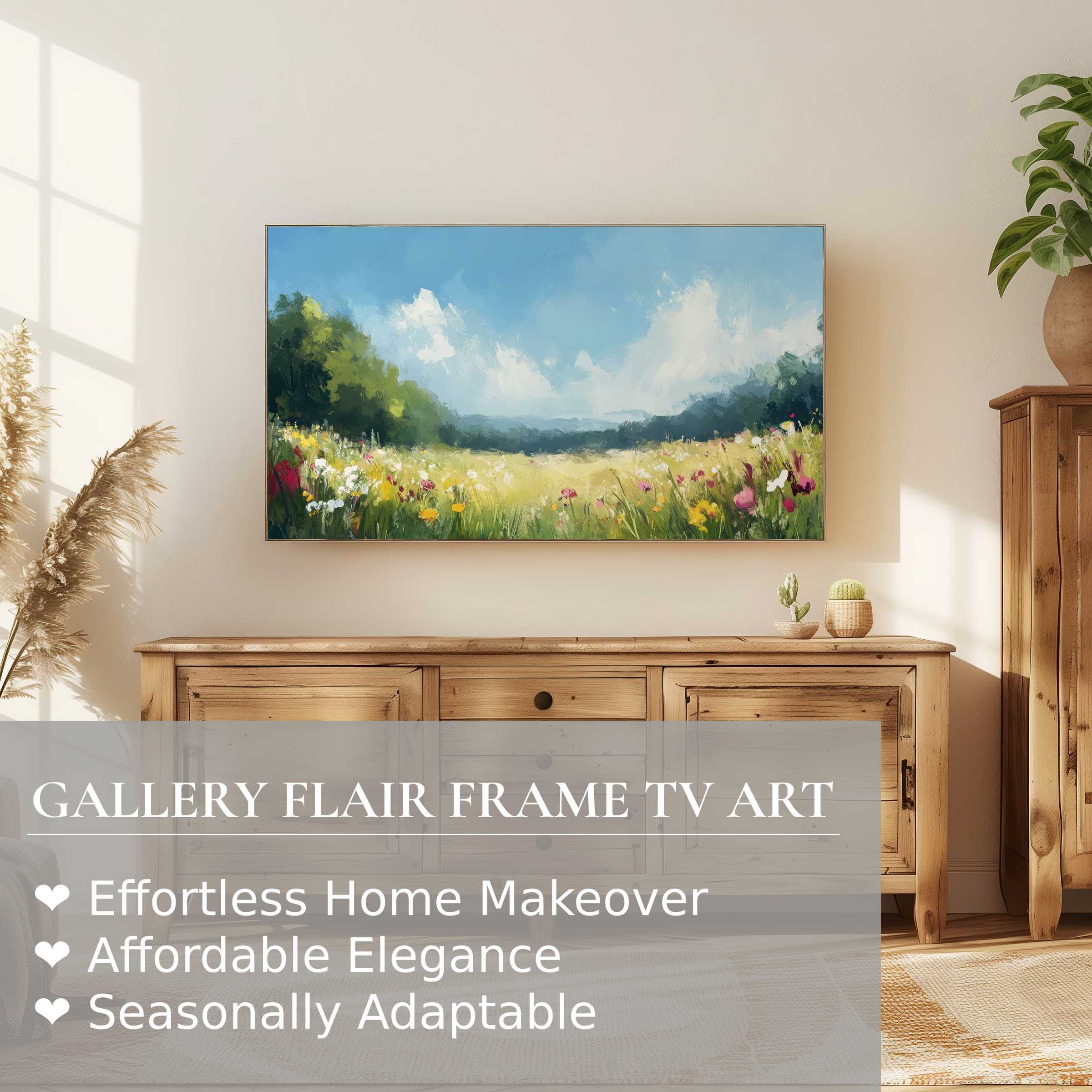 Samsung Frame TV displays serene summer digital artwork of a blooming meadow in a modern, airy living space