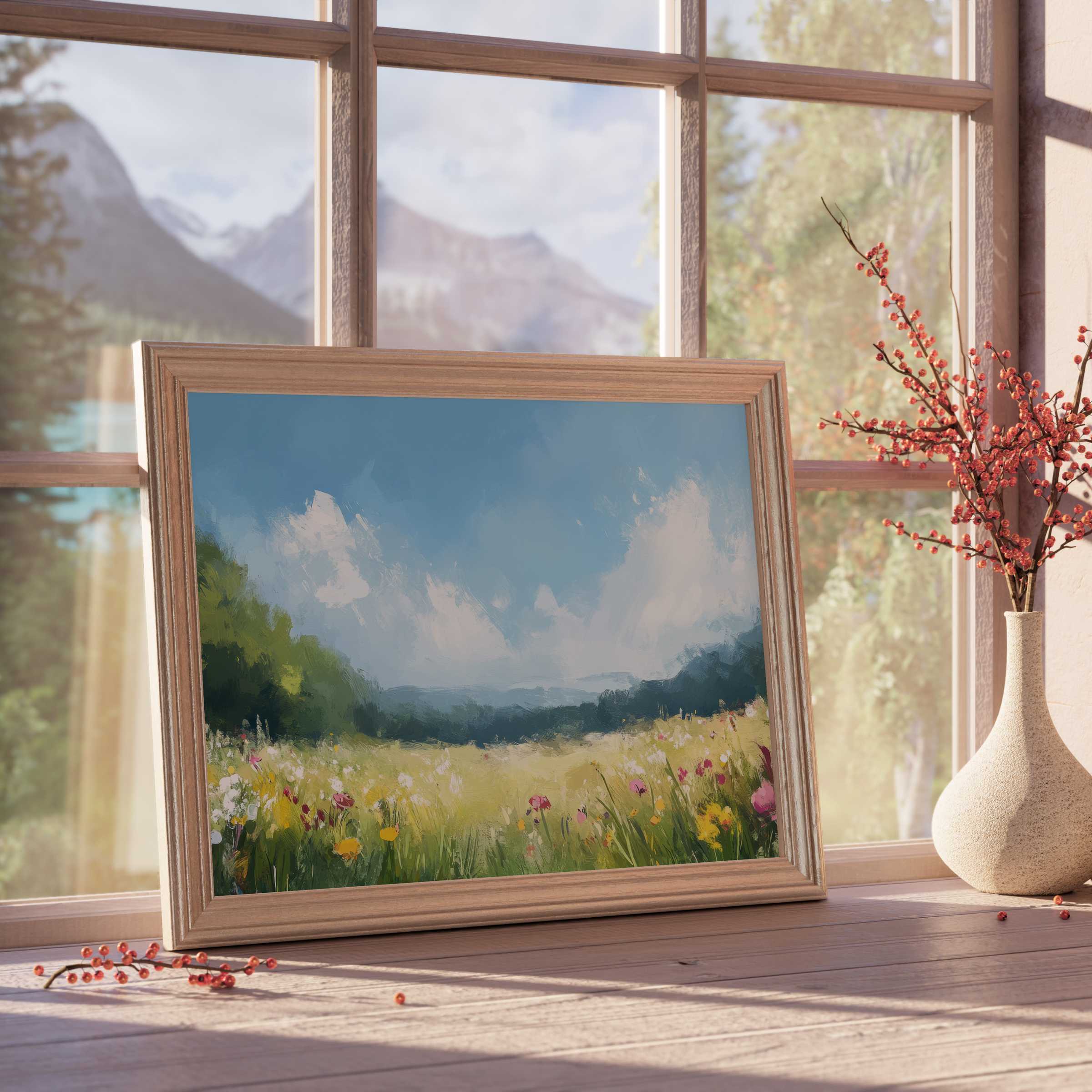 Summer downloadable art capturing a serene meadow in bloom, infusing curated interiors with warm, tranquil, nature-inspired elegance