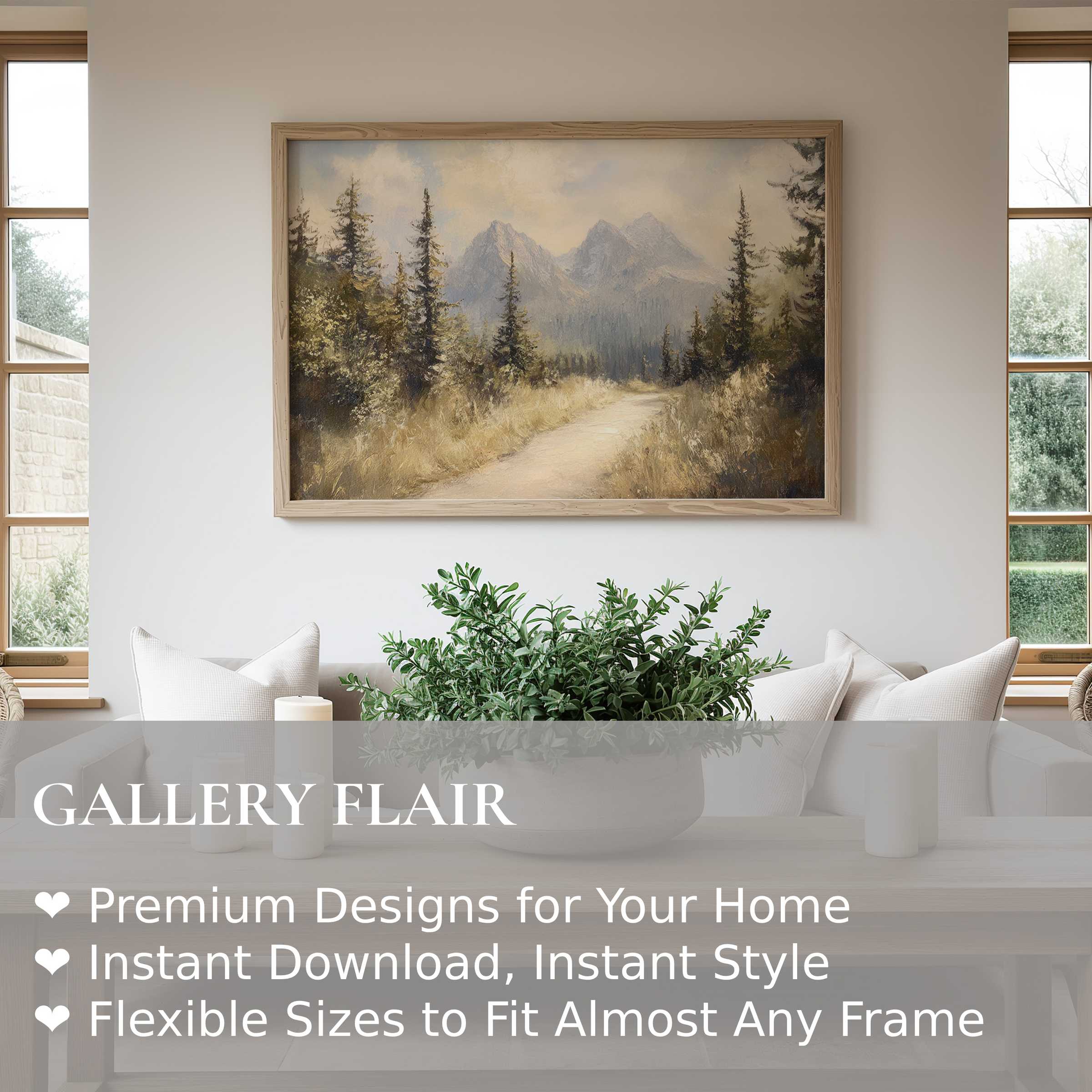 Serene landscape wall art print featuring a misty mountain path framed by soft pine trees, enriching modern minimalist interiors with calming natural elegance
