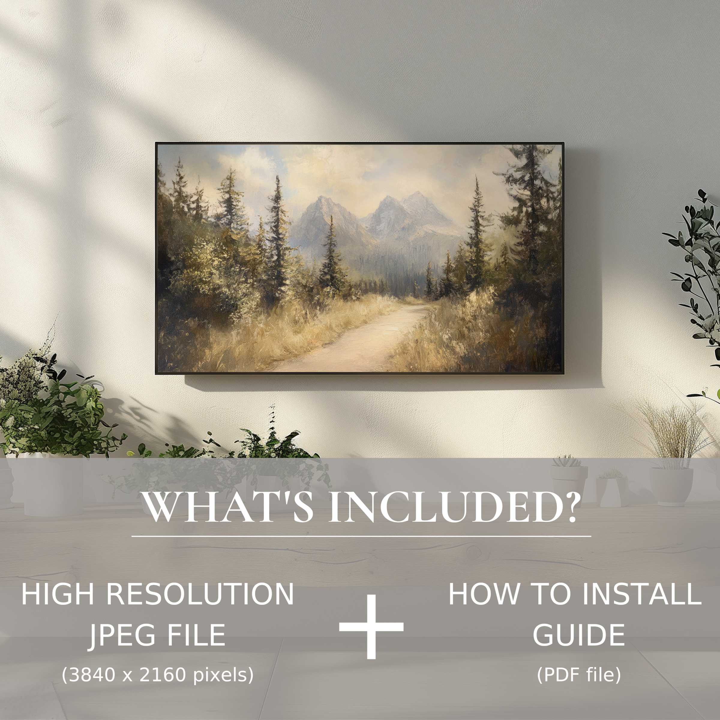 Elegant landscape digital TV art download, enhancing living spaces with easy digital use and serene mountain views