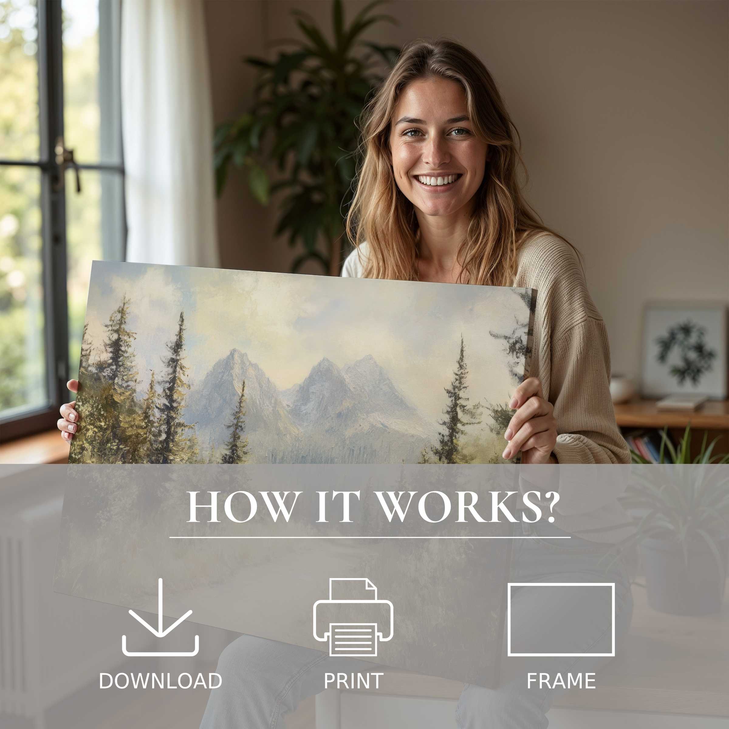 Refined woman in a sunlit modern home embracing a serene landscape digital art print, embodying joy and timeless connection with nature