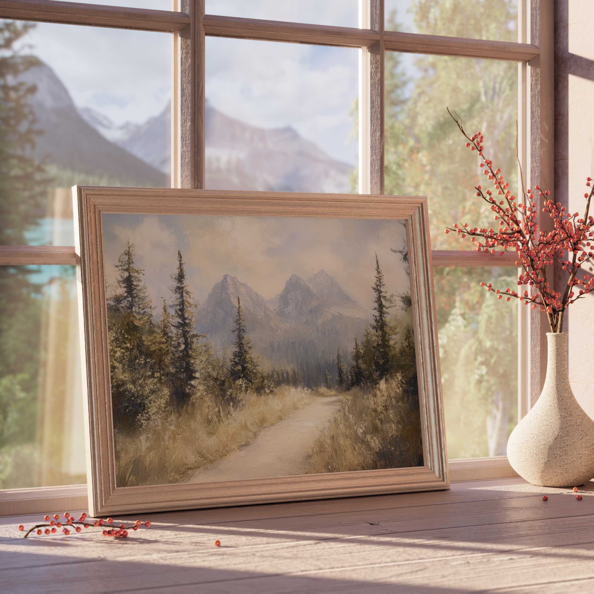 Tranquil landscape downloadable art with misty mountains and serene forest path, perfect for curated, elegant interiors
