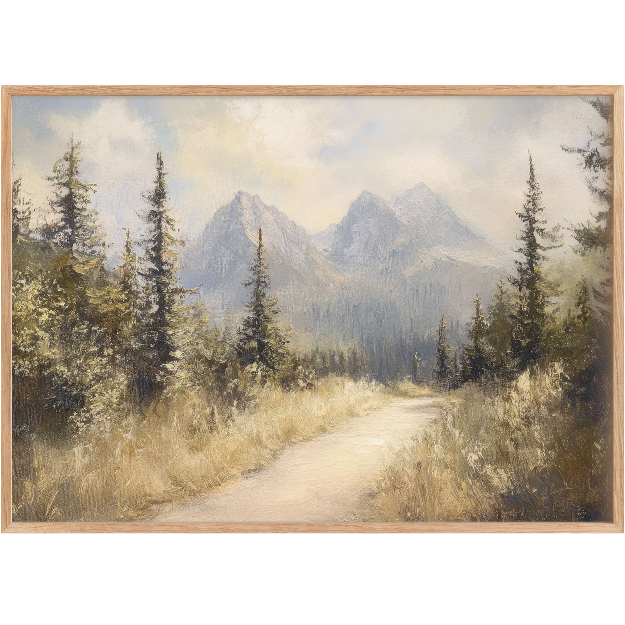 Serene landscape printable wall art with muted greens and soft grays, evoking a calming, timeless mountain retreat ambiance