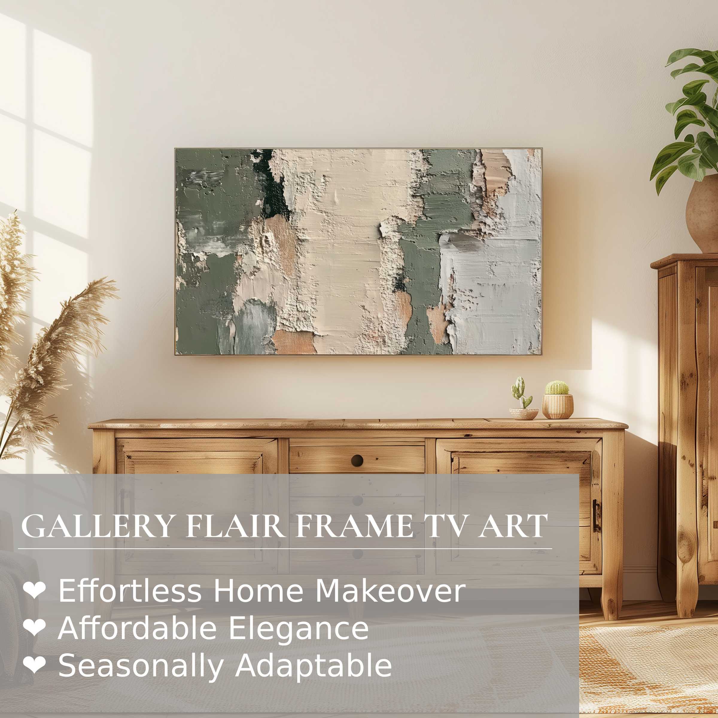 Modern living room with warm wood tones, Samsung Frame TV displaying elegant abstract digital artwork