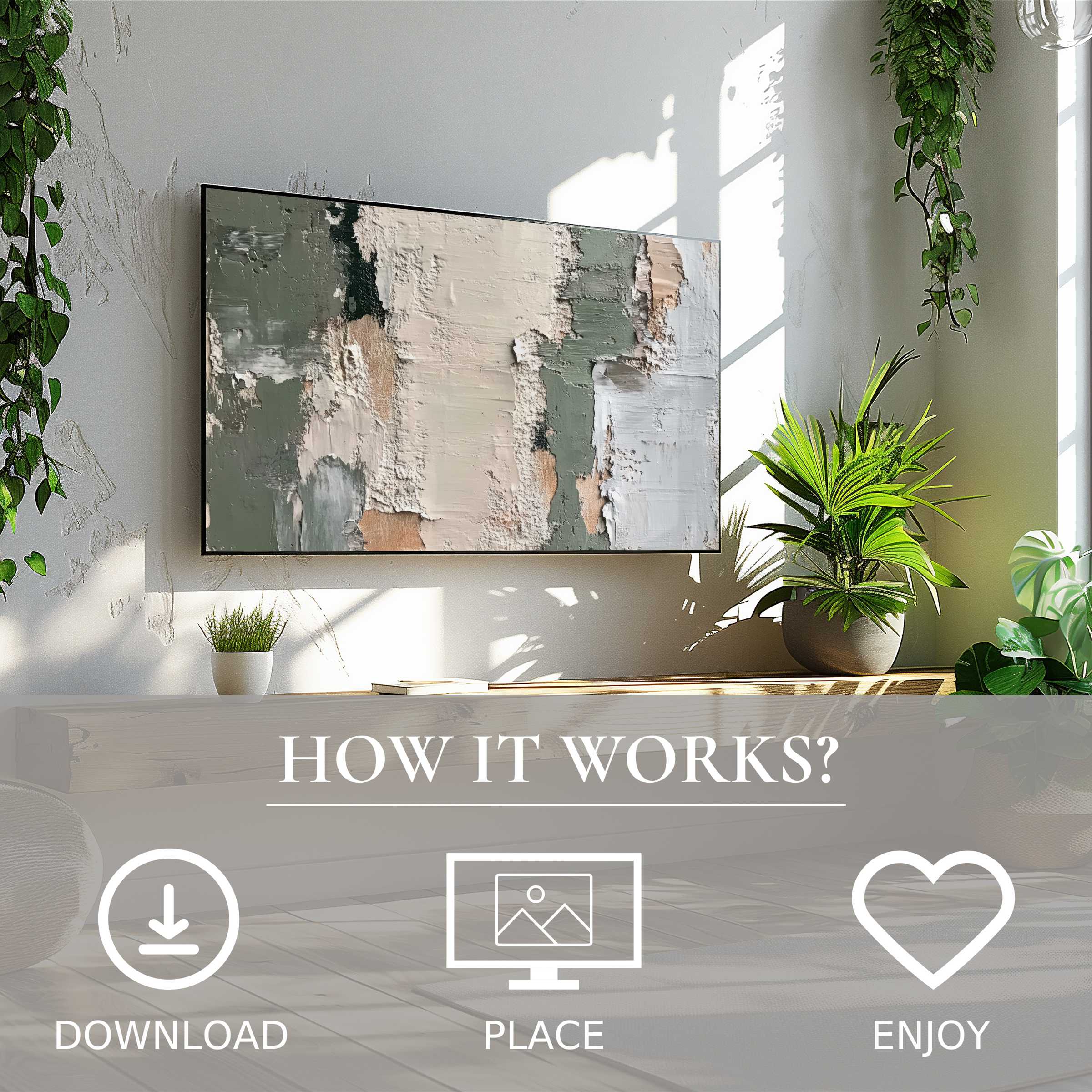 Abstract art for Samsung TV with textured neutral tones enriches modern living spaces via easy digital download