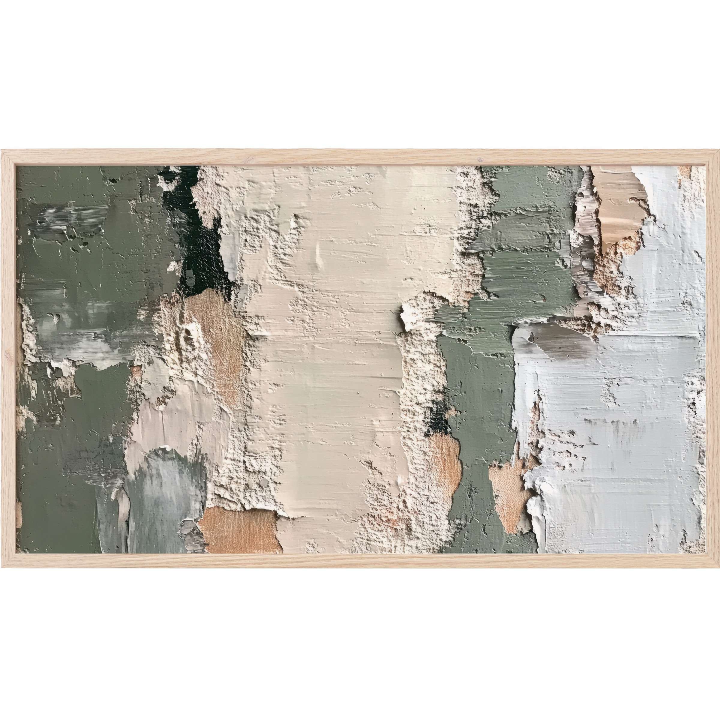 Textured abstract Frame TV Art in muted greens, beiges, and whites with a modern, layered, and organic aesthetic