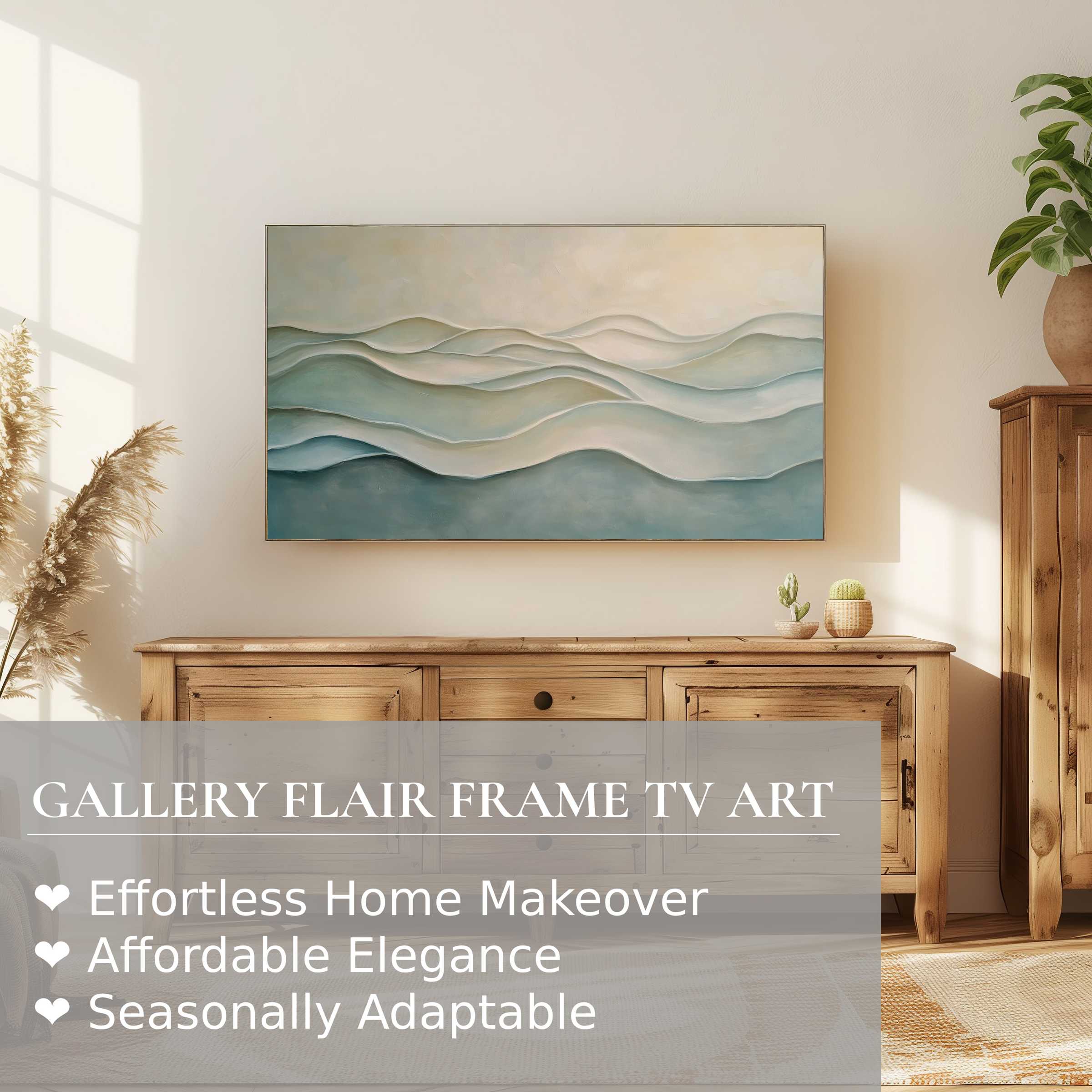 Samsung Frame TV displaying modern digital artwork of soft, layered waves in a serene, stylish living space