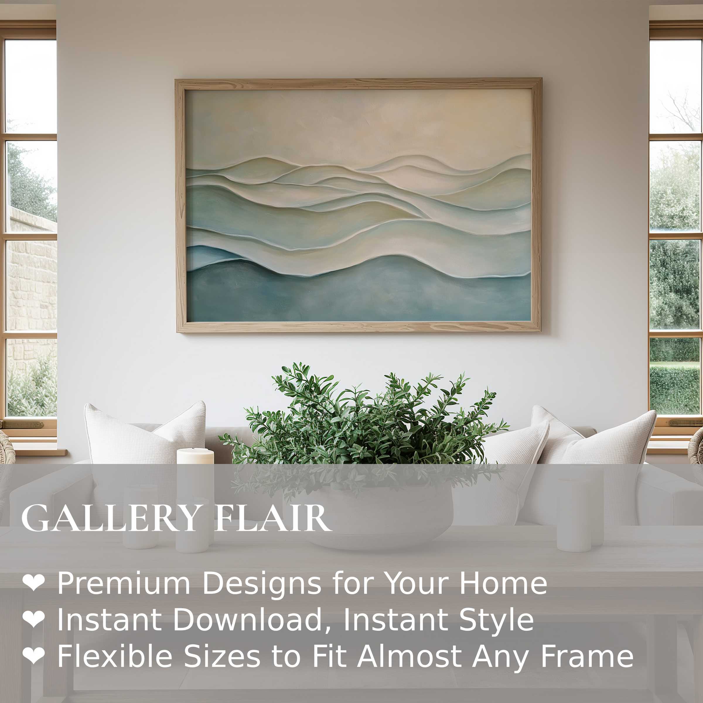 Modern wall art print with serene, layered waves in muted blues and beige, enhancing calm, contemporary living spaces