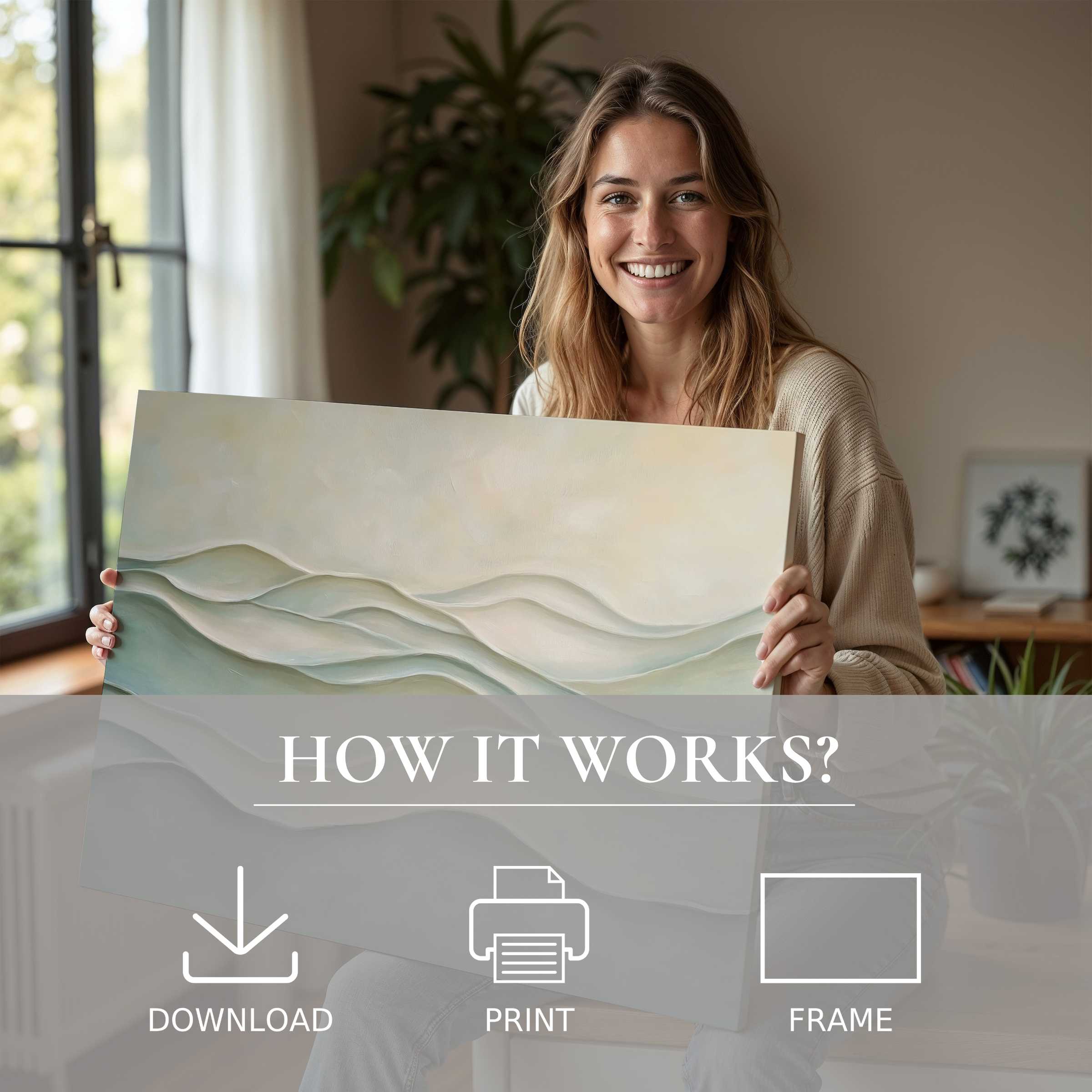 Elegant modern digital art print in soft, flowing neutrals invites serene joy and effortless style into contemporary living