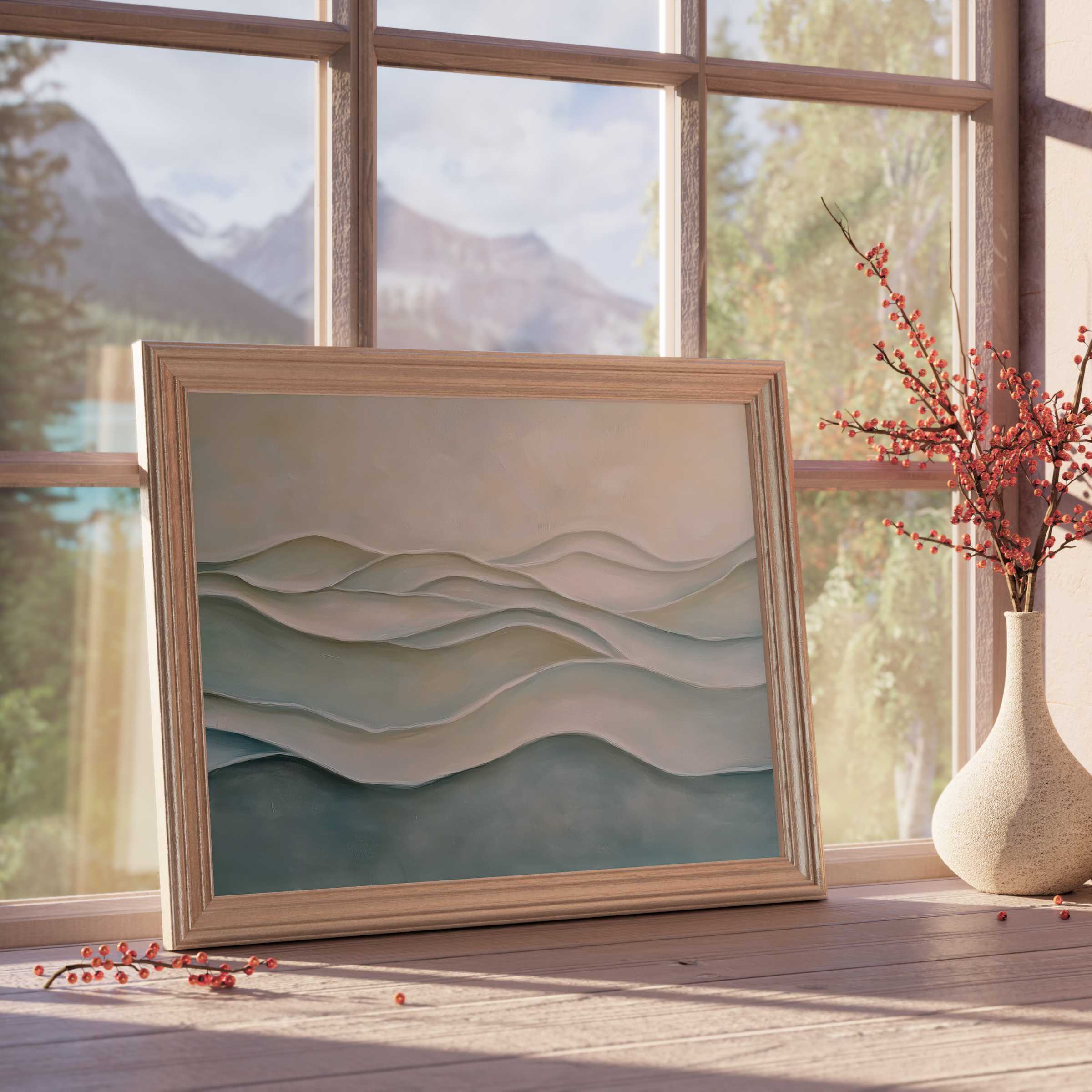 Modern downloadable art featuring serene layered waves in muted blues and beiges, elevating tranquil, design-forward interiors with soft natural light and elegant decor
