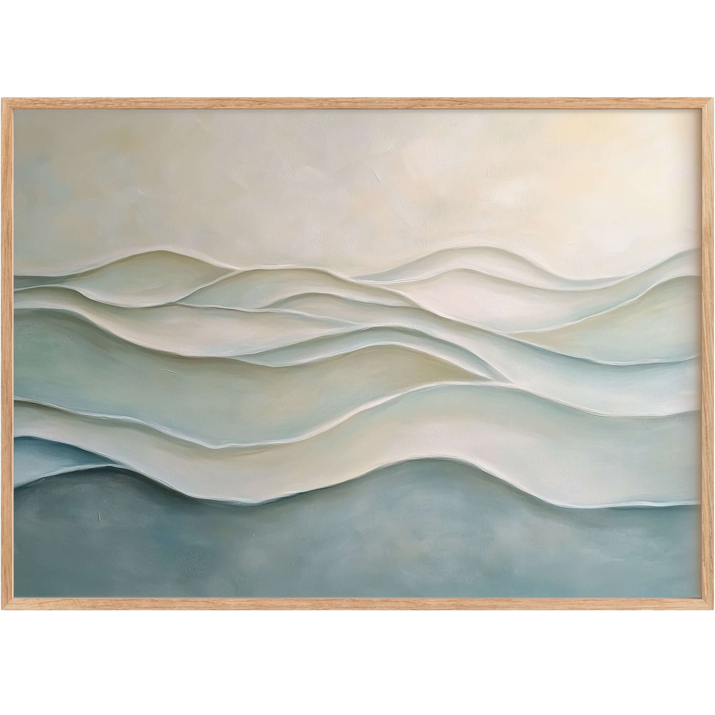 Serene modern printable wall art featuring soft, flowing waves in muted blues and creams, evoking calm and understated elegance