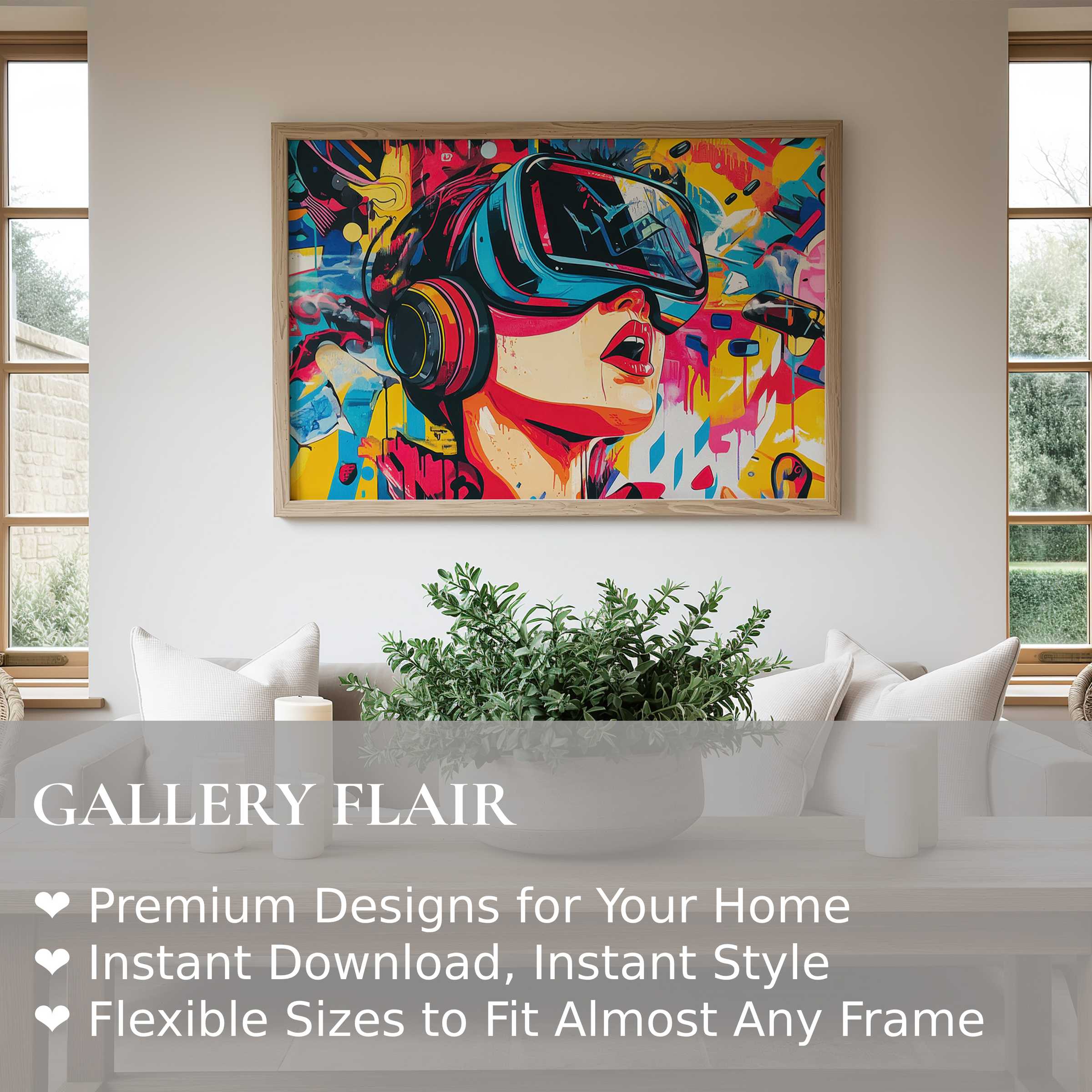 Vibrant pop art wall art print featuring a futuristic woman in VR headset, energizing a modern minimalist living room with bold color
