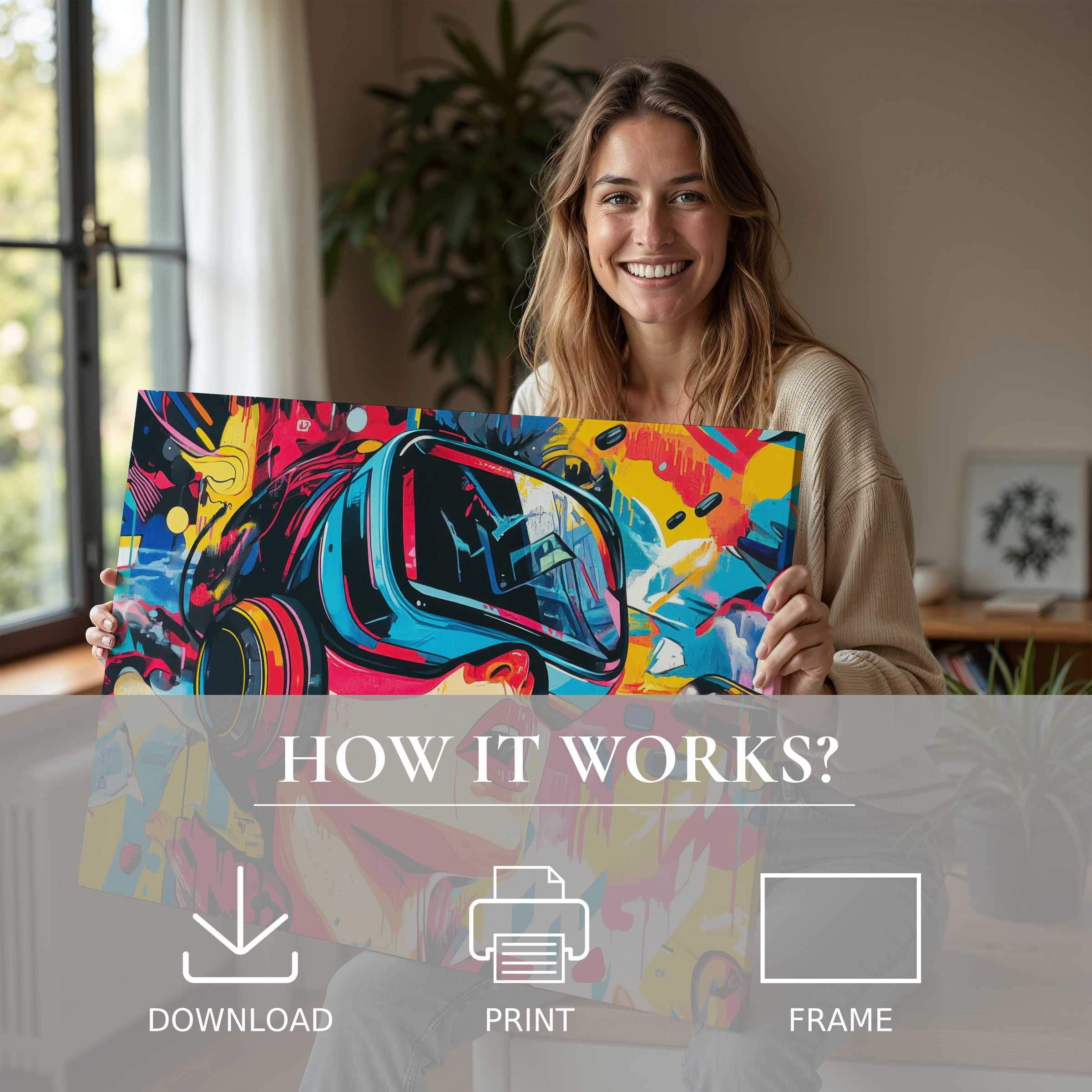 A joyful woman warmly embraces vibrant pop art digital art print, embodying the serene pleasure of effortless style and creative connection in a modern home