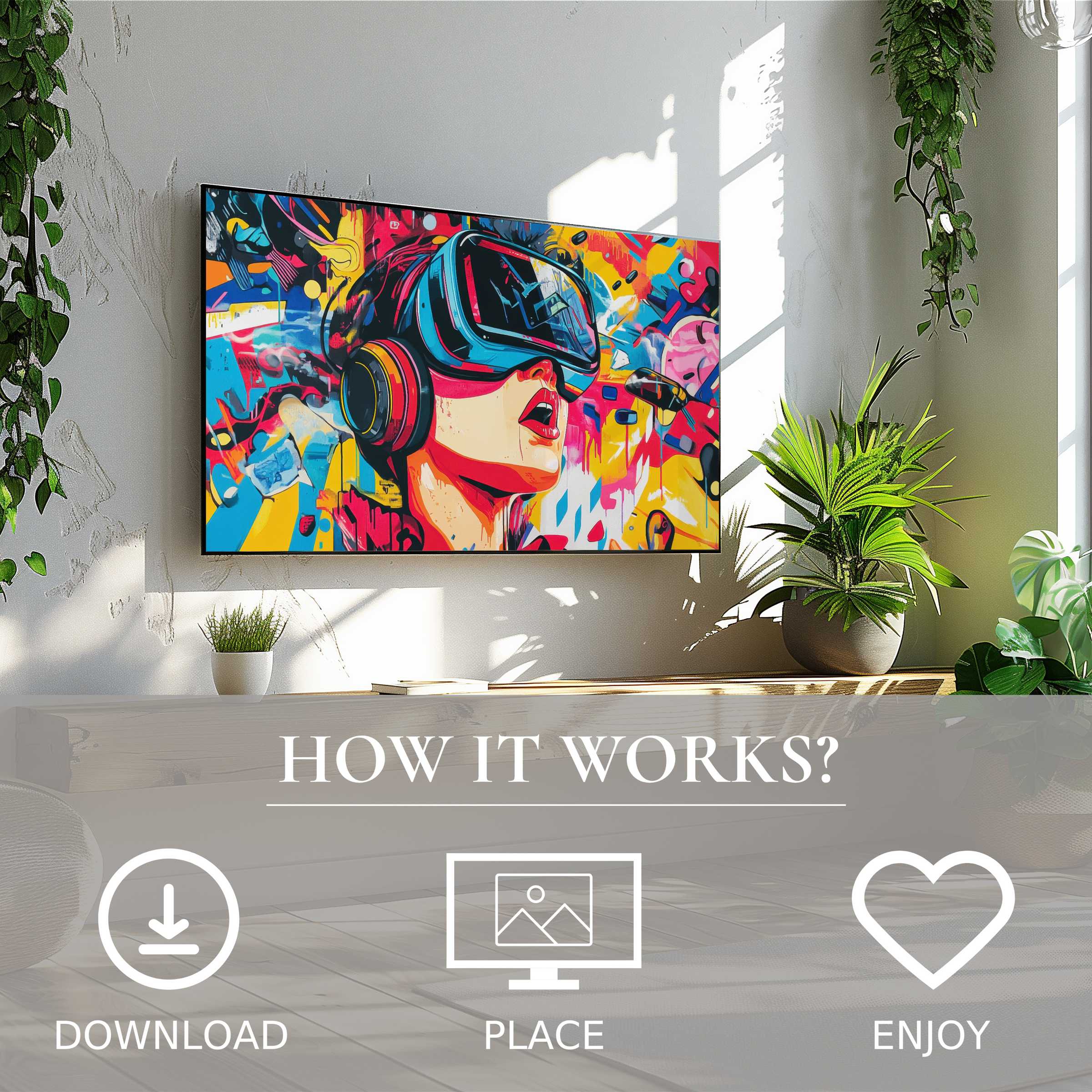 Pop art art for Samsung TV with vibrant VR motif, easy digital download, enriches modern living spaces instantly