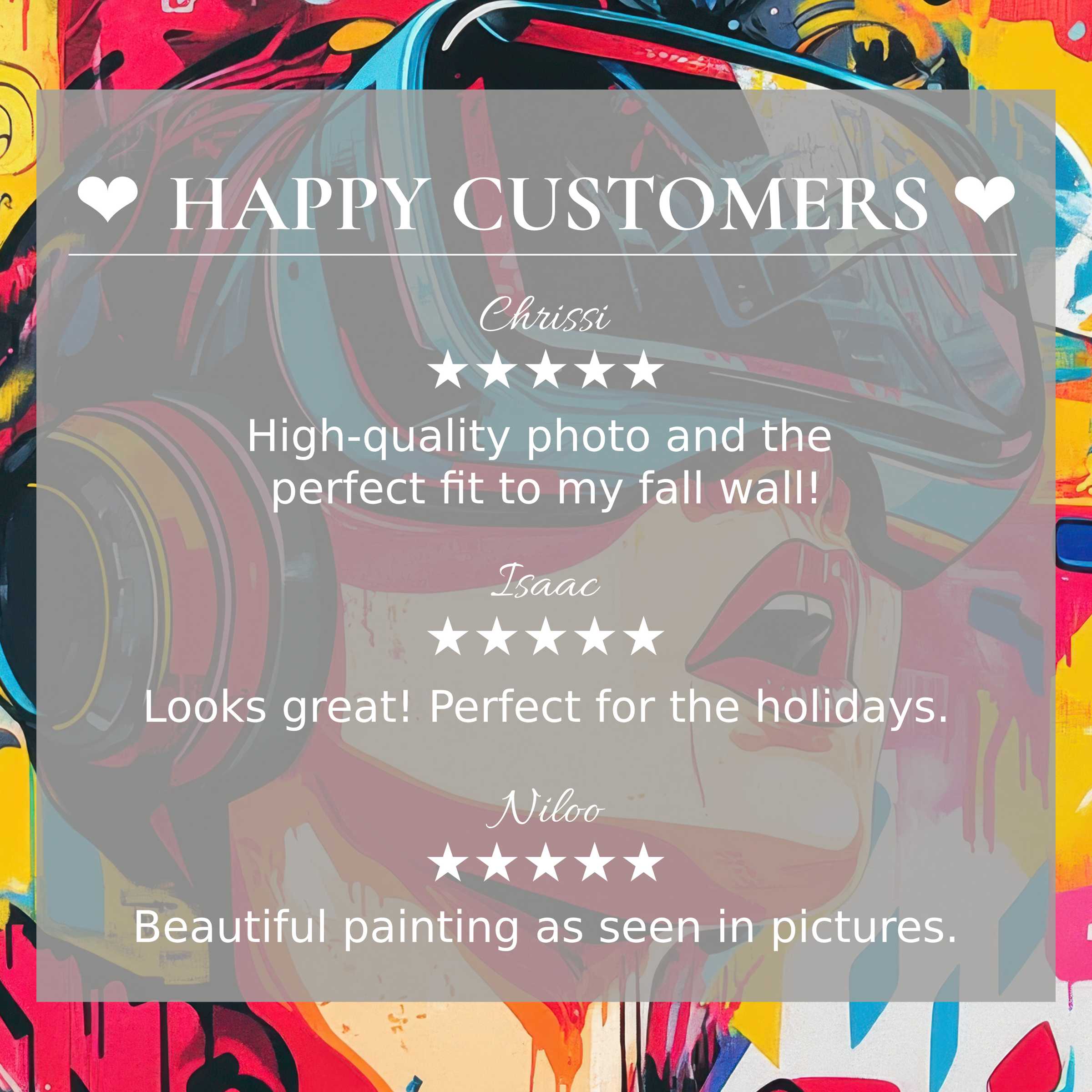 Pop art for Frame TV with vibrant abstract sunset hues, showcasing happy customer reviews and elegant, trusted design