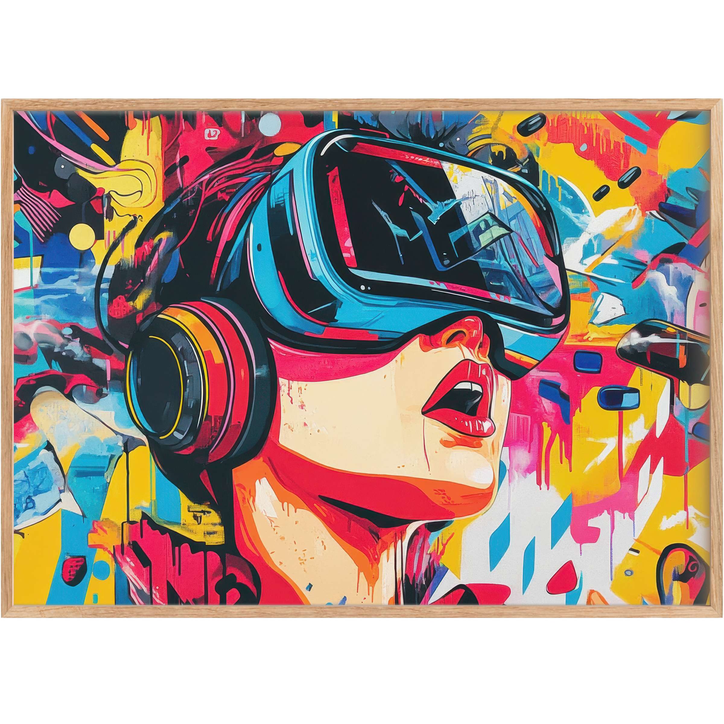 Vibrant pop art printable wall art featuring a futuristic woman in VR headset, radiating bold, electric blues and fiery reds for dynamic spaces