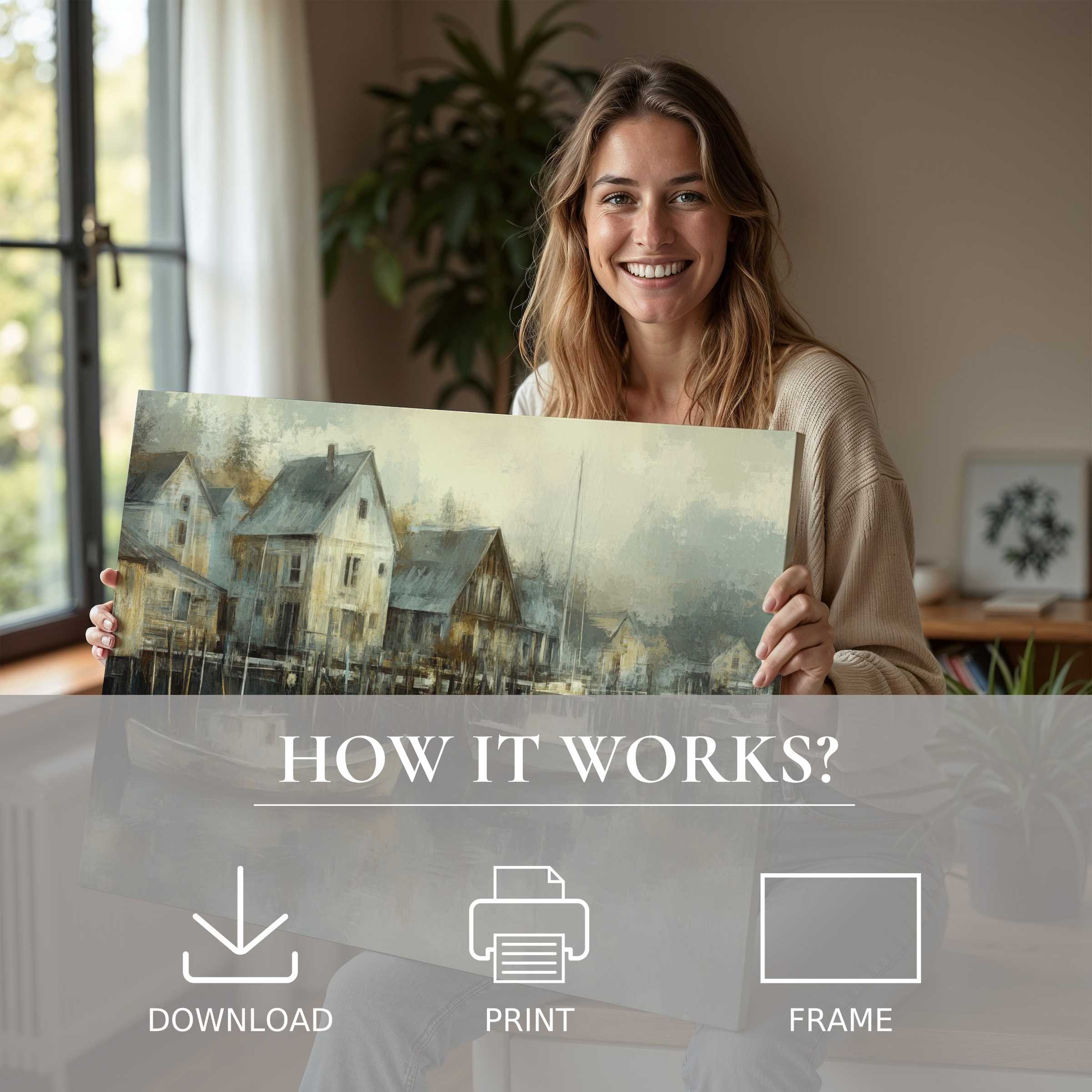 A joyful moment of connection with a coastal digital art print, blending serene blues and soft grays in a sunlit modern home