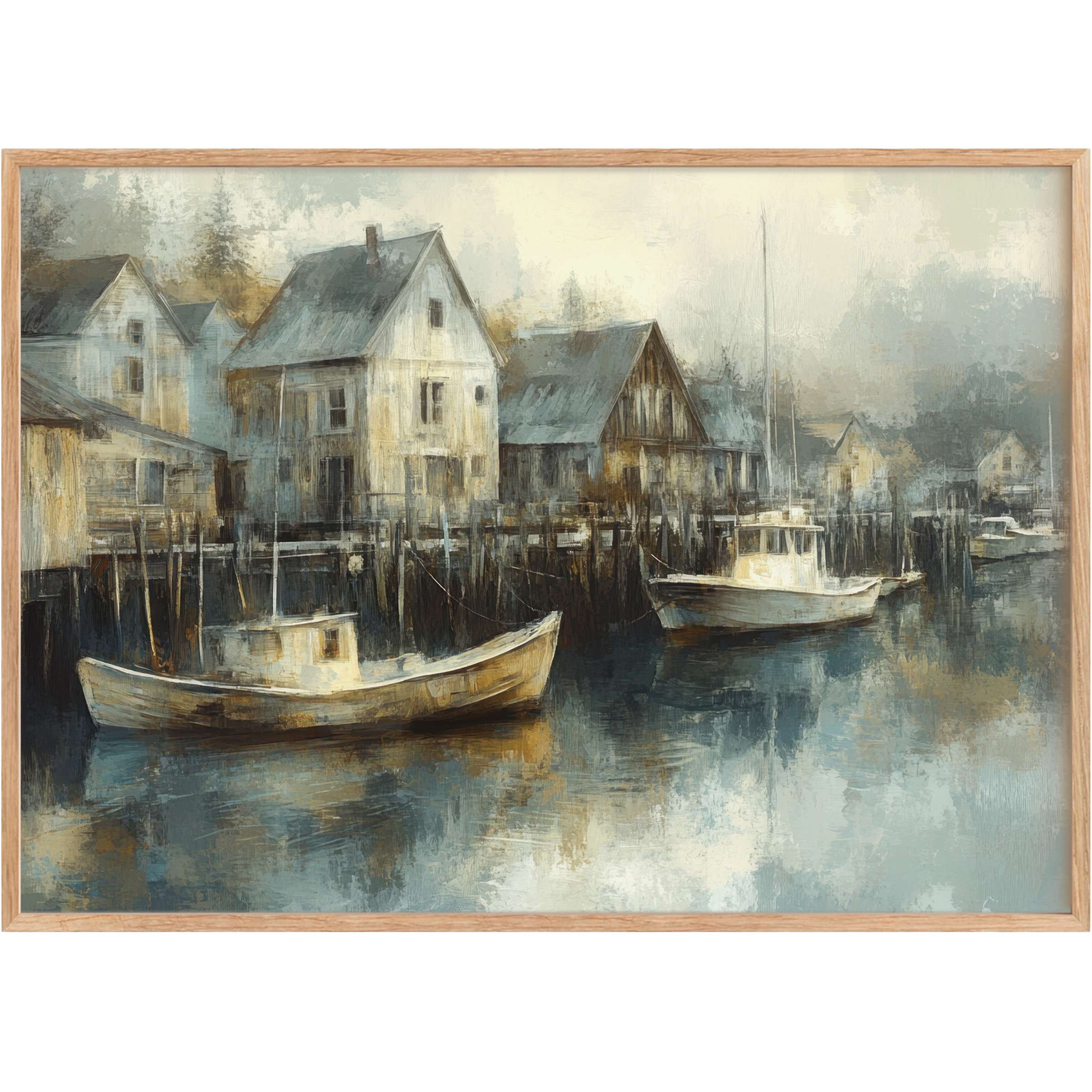 Coastal printable wall art capturing a serene harbor scene in muted blues and warm neutrals, evoking timeless calm and coastal charm
